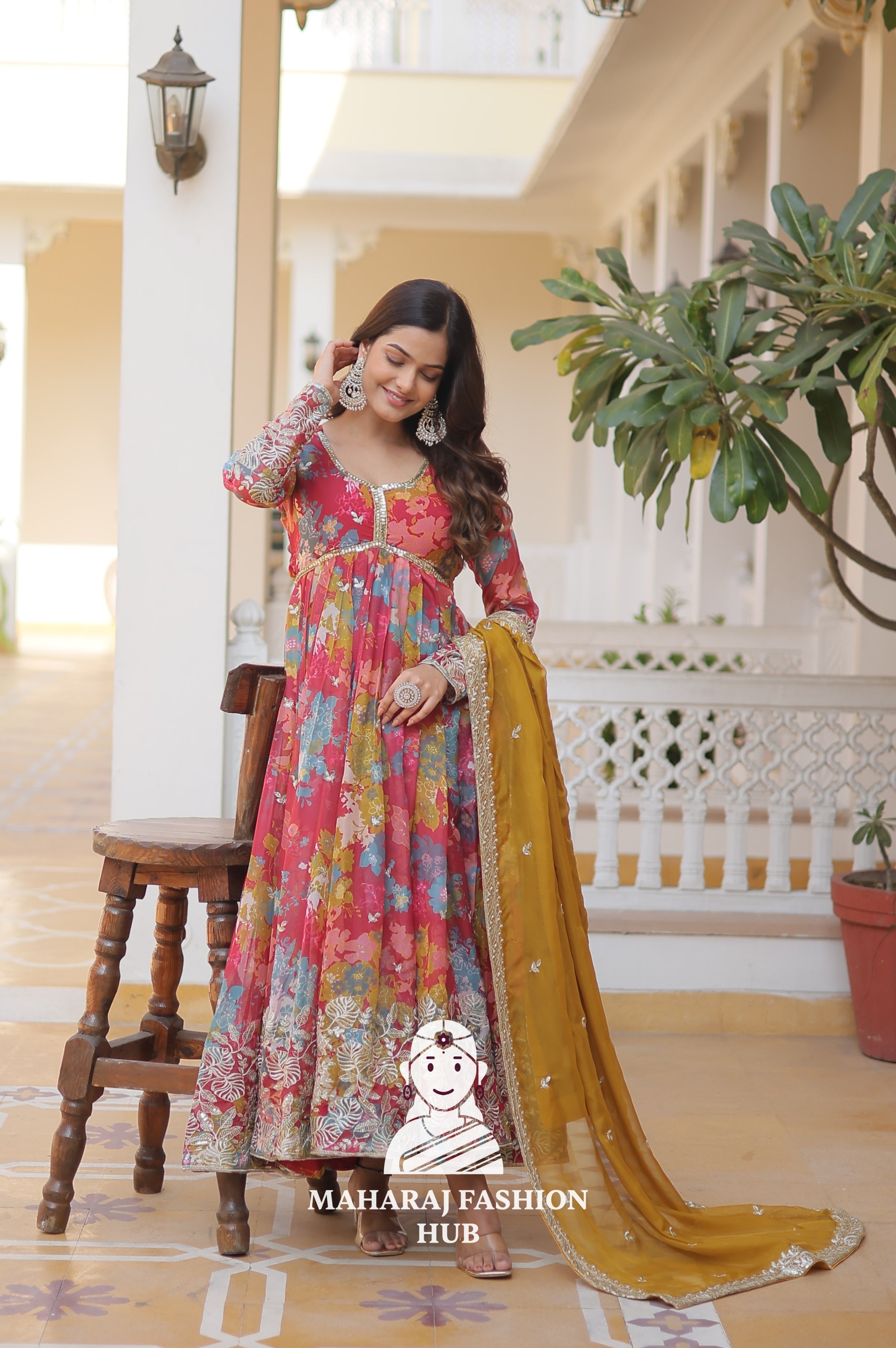 Designer V Neck Russian Silk Gown with Embroidered Dupatta