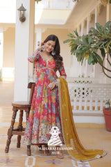 Designer V Neck Russian Silk Gown with Embroidered Dupatta