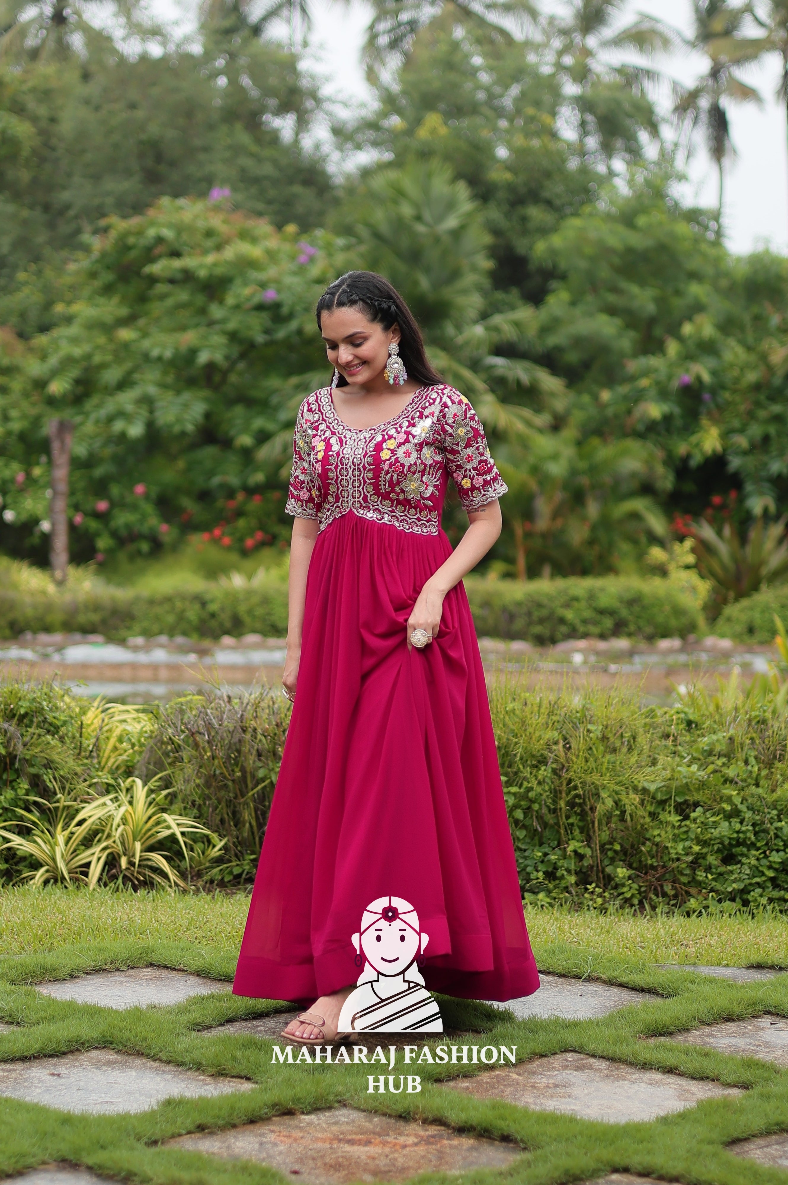 Half Sleeve Faux Blooming Fabric Gown with Luxe Finish
