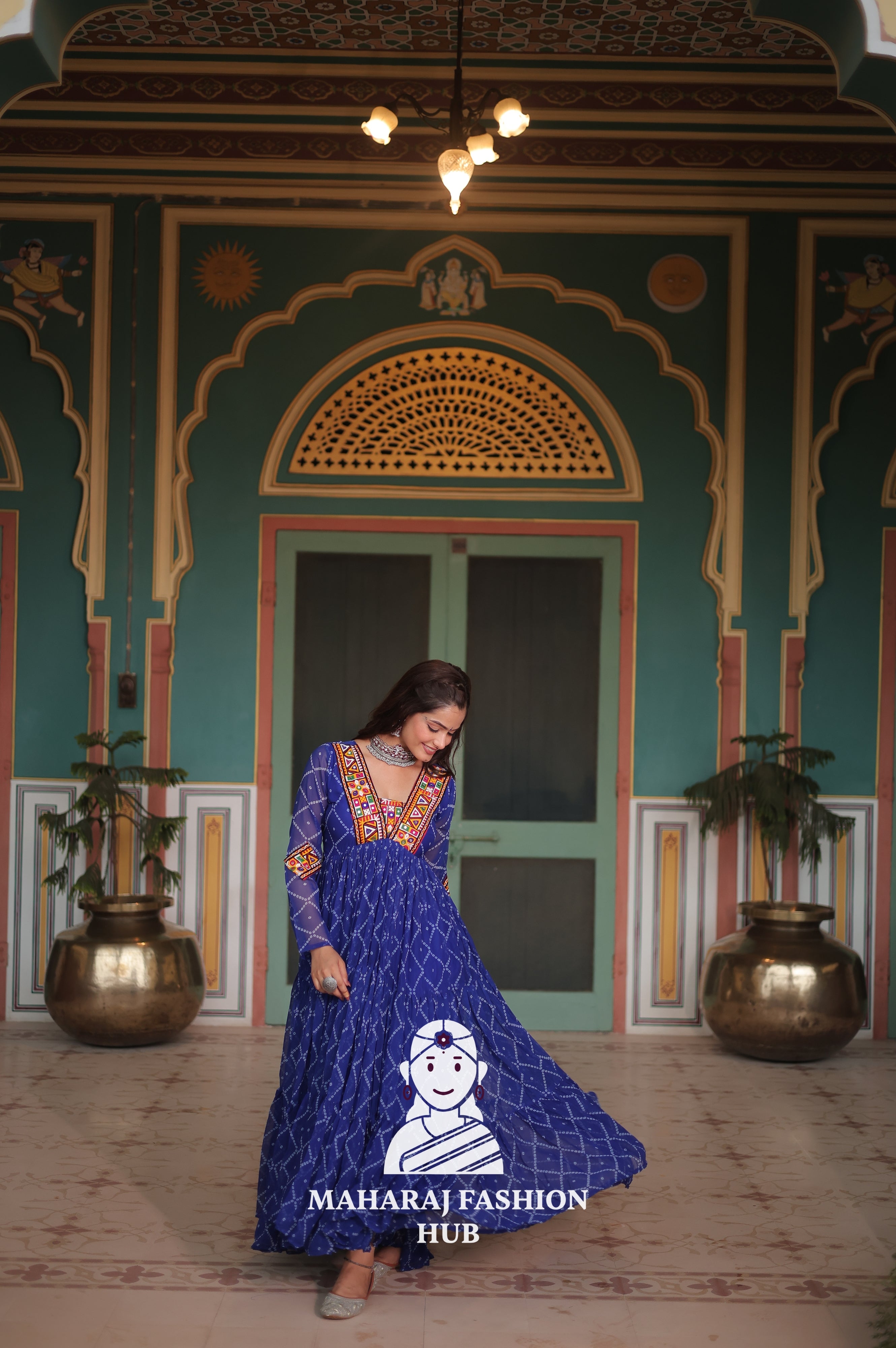 Bandhani Print Faux Georgette Gown with Kutchi Patchwork Detailing