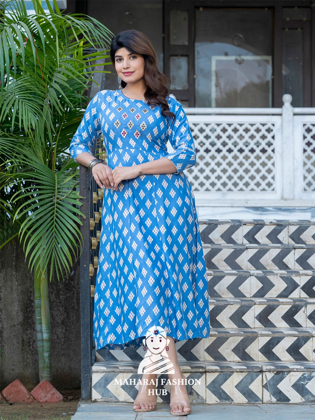 🌤️ Soft Rayon Sky Blue Kurta – Printed & Embroidered