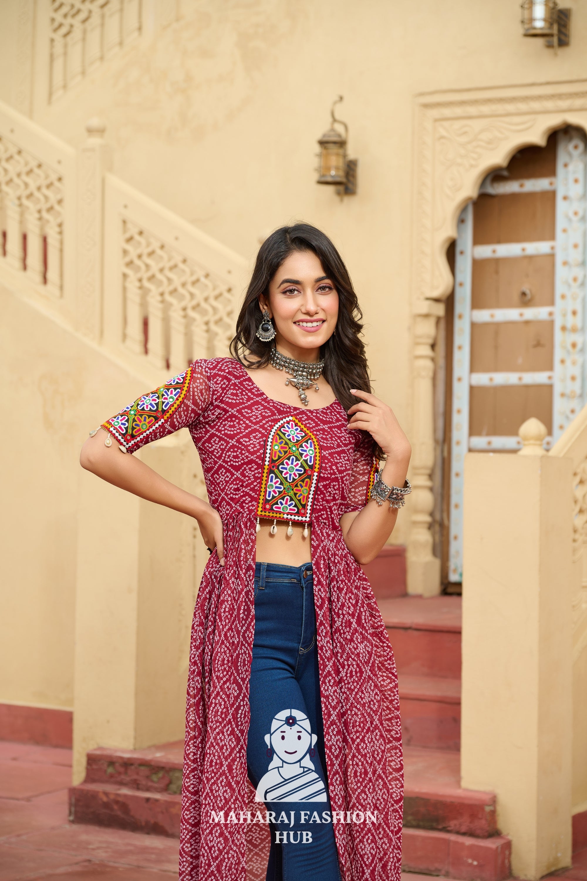 Traditional Bandhani Print Half Sleeve Kutchi Work Navratri Kurti 💃👑
