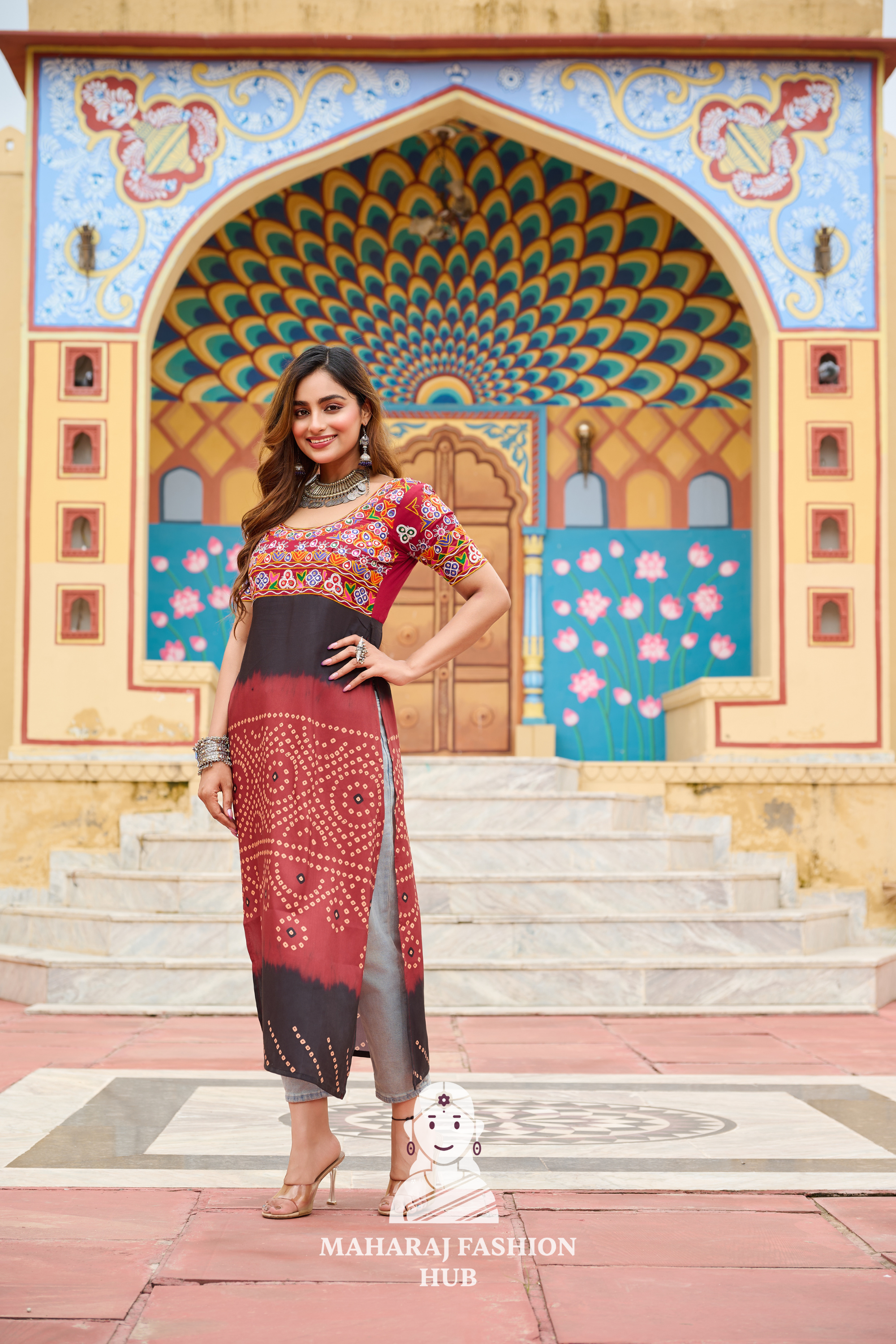 Premium Printed Rayon Round Neck Navratri Kurti with Kutchi Embroidery 💫🎶