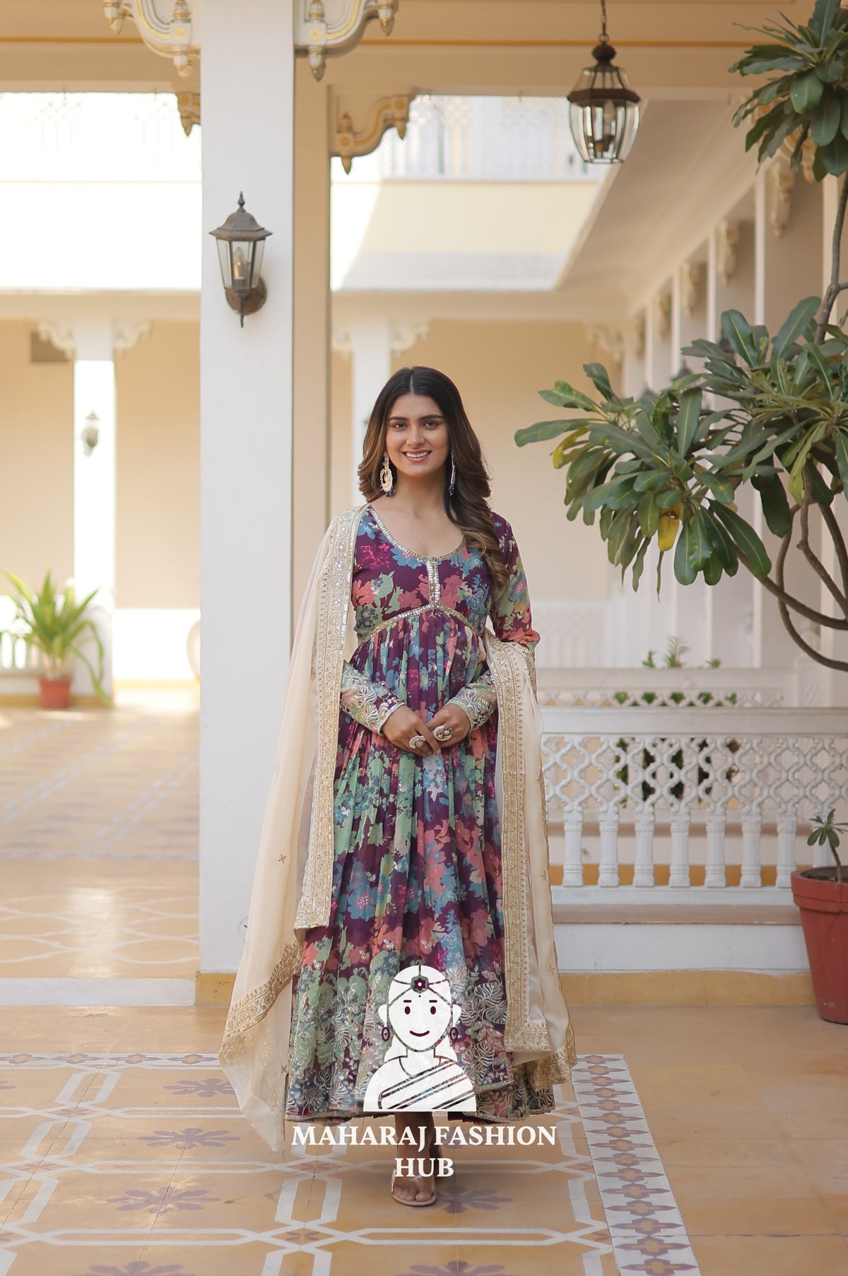 Full Sleeve Russian Silk Gown with Cutwork Dupatta