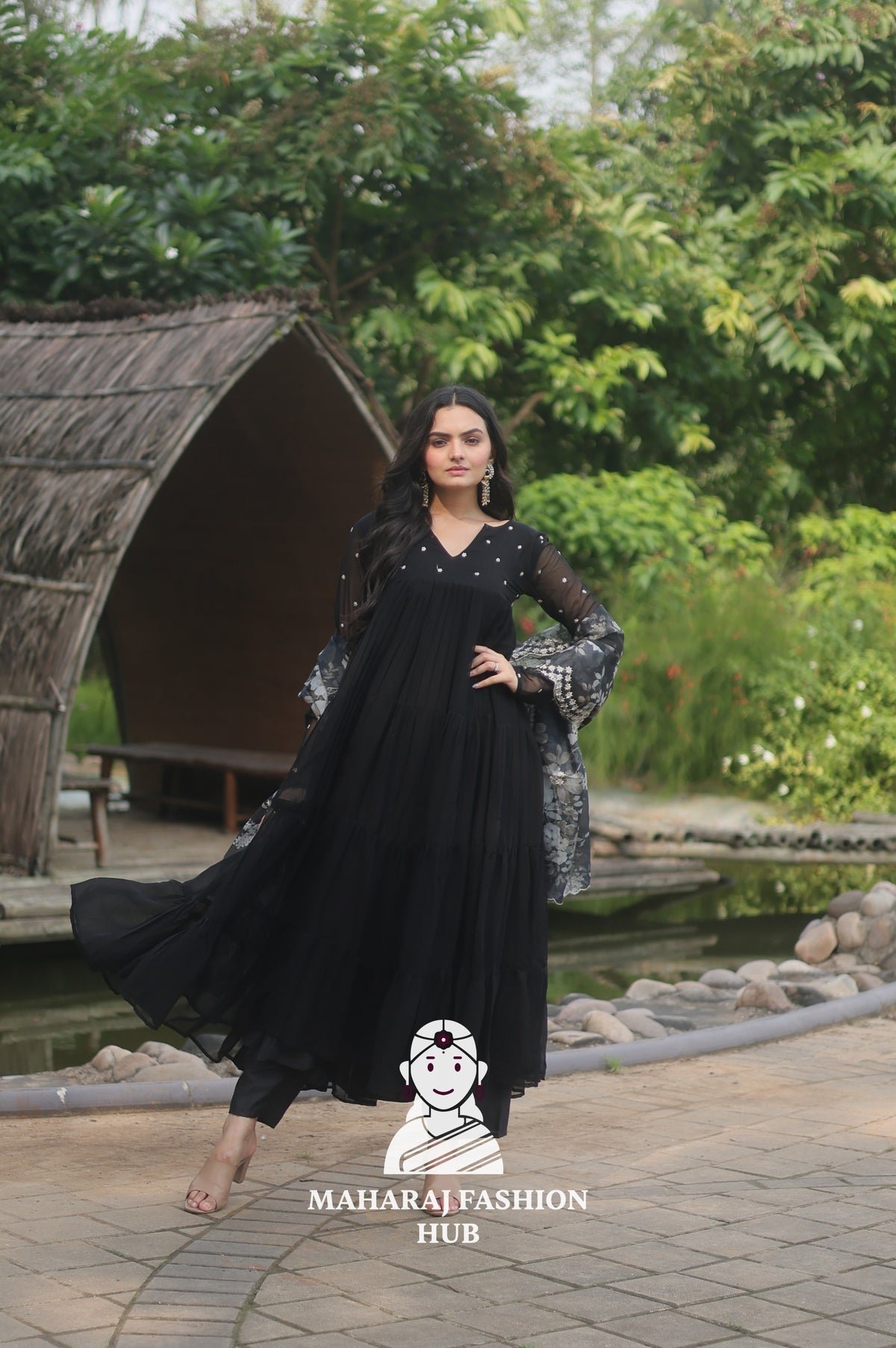 🌸 Faux Blooming Butti Work Set with 4-Layer Frill Gown & Organza Dupatta