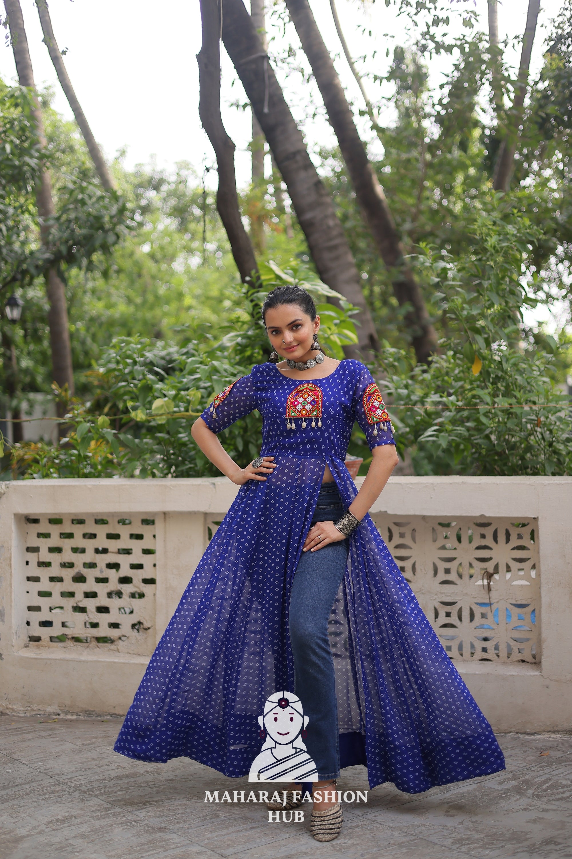 Vibrant Bandhani Print Kutchi Embroidery Round Neck Navratri Kurti 🎨💃