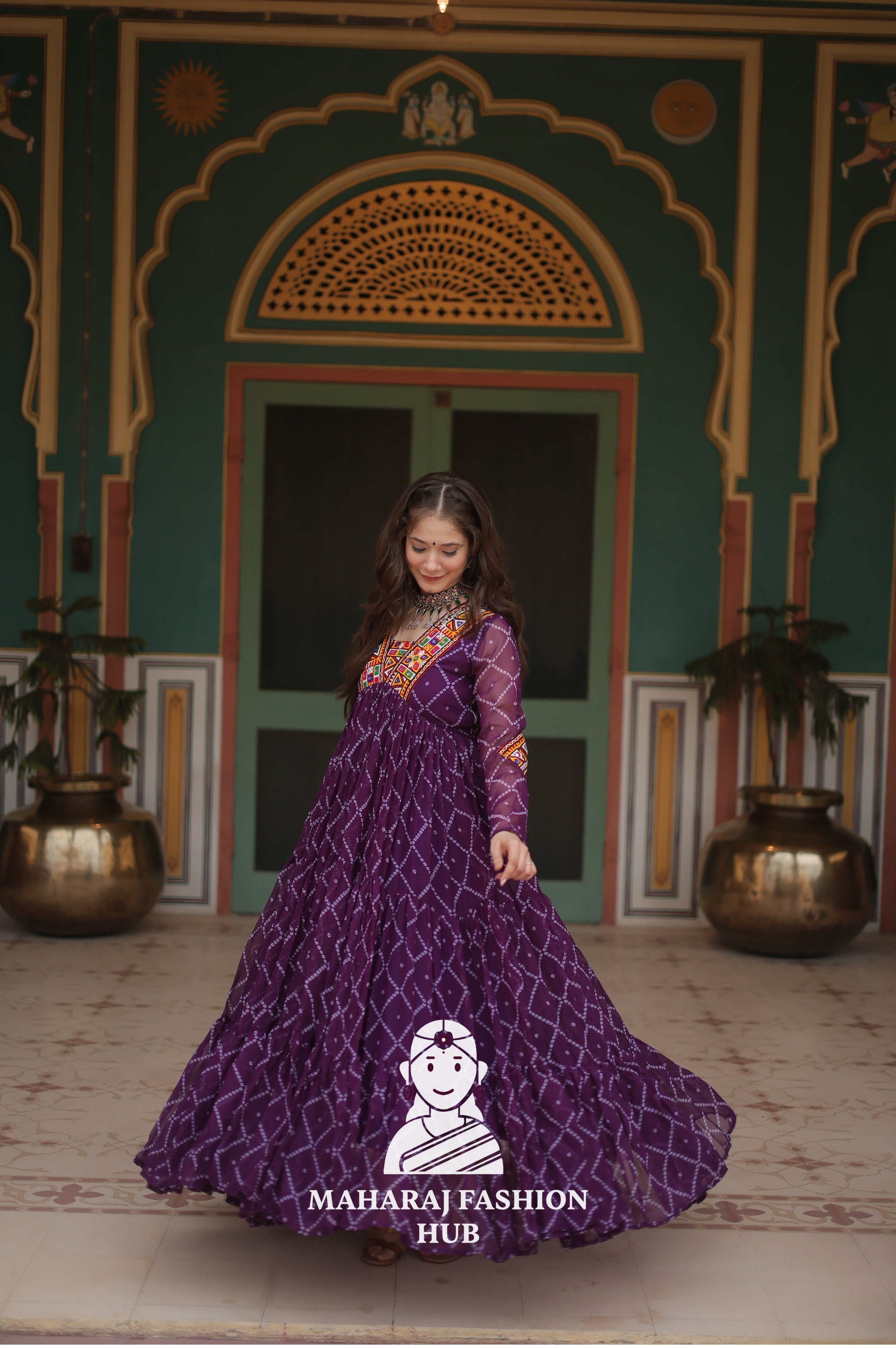 Faux Georgette Gown with Kutchi Patch and Bandhani Artistry