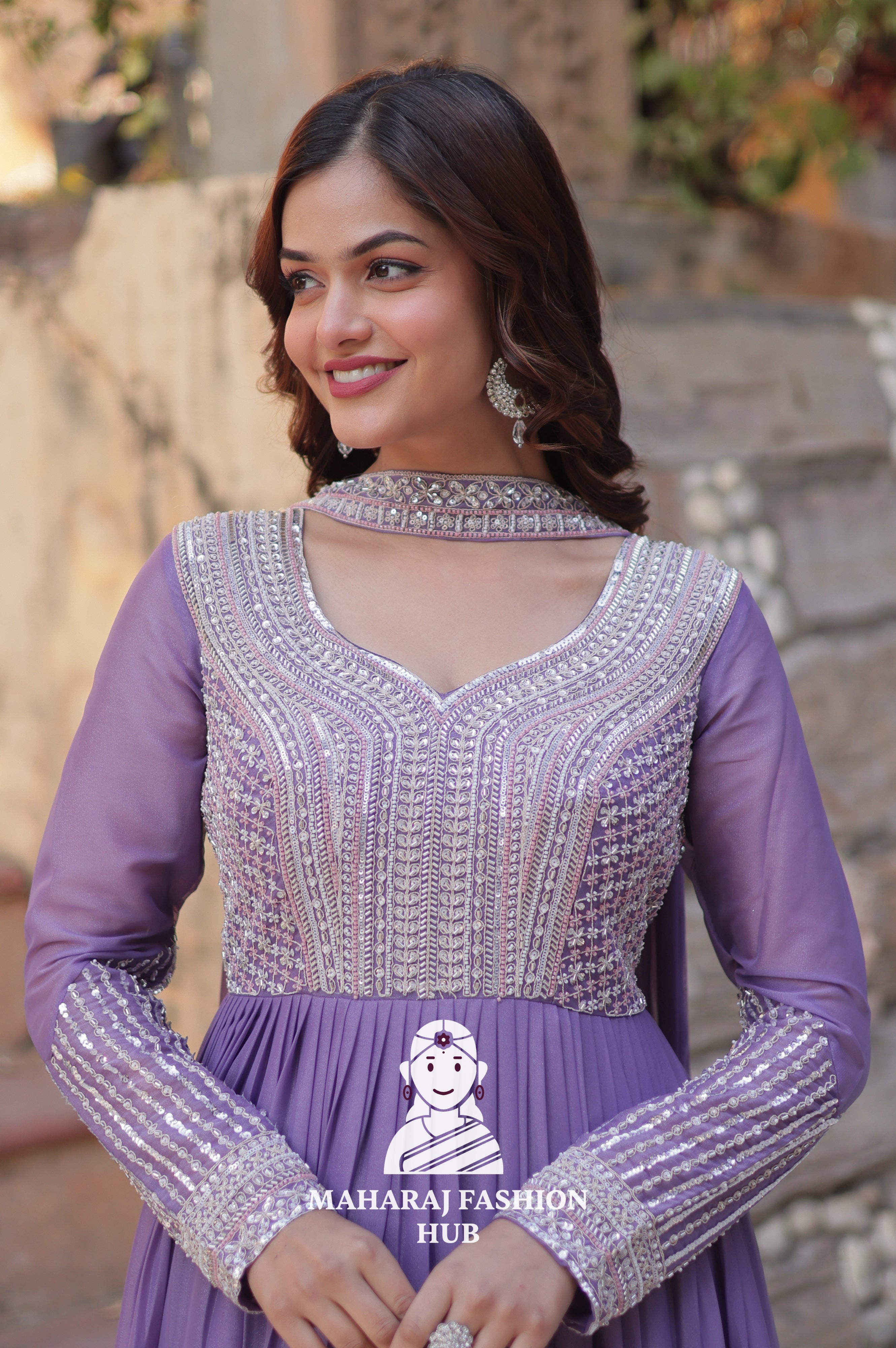 🧵 Star Georgette Gown with Heavy Work & 5 M Flair Grandeur - Special Designer Gown