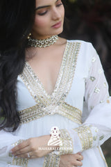 Zari-Sequined Faux Blooming Gown – With Fancy V Neck & Cut-Work Dupatta ✨
