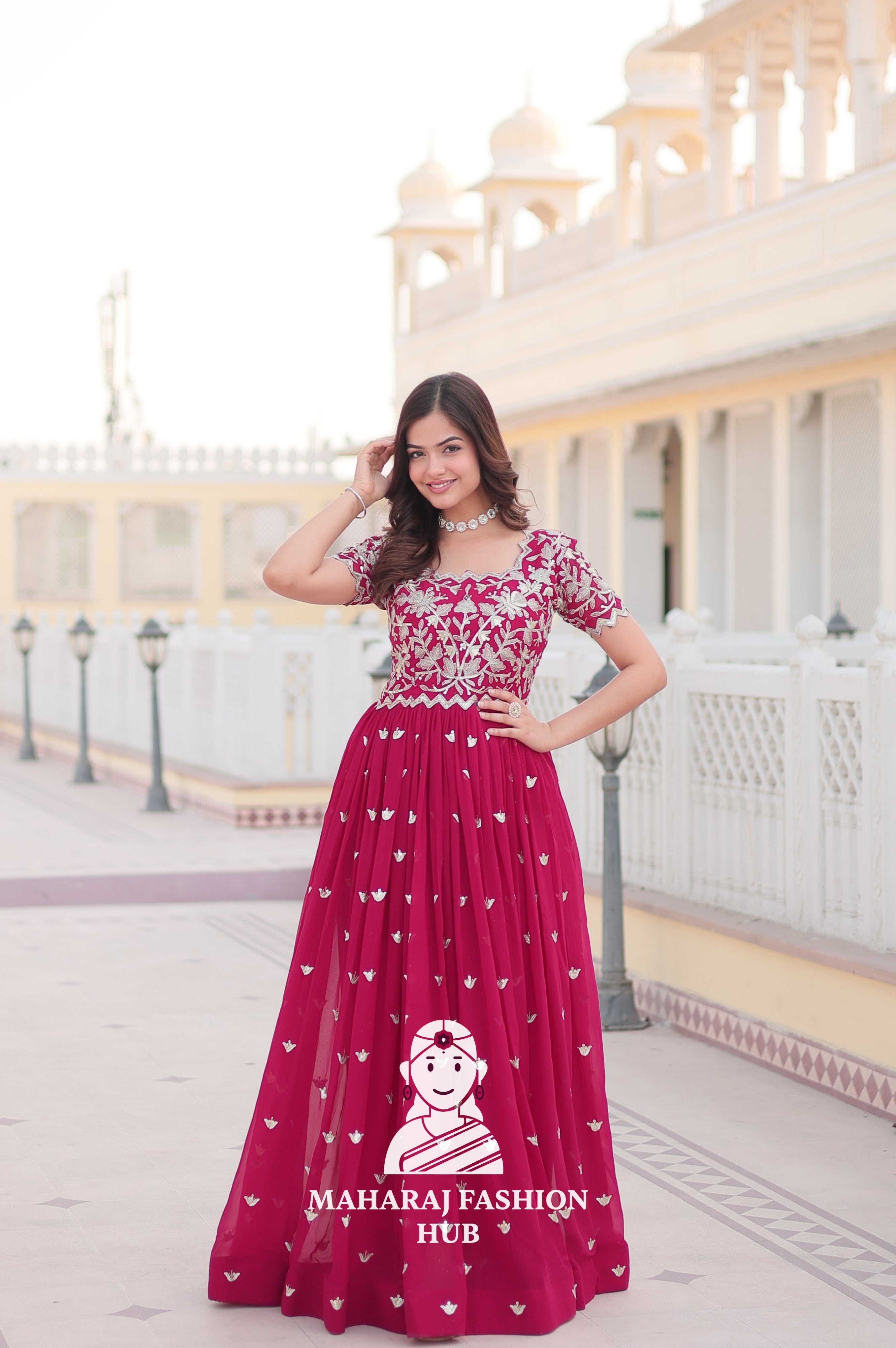 Canvas Patta Stitched Special Designer Gown with Embroidered Cut-Work Sleeves