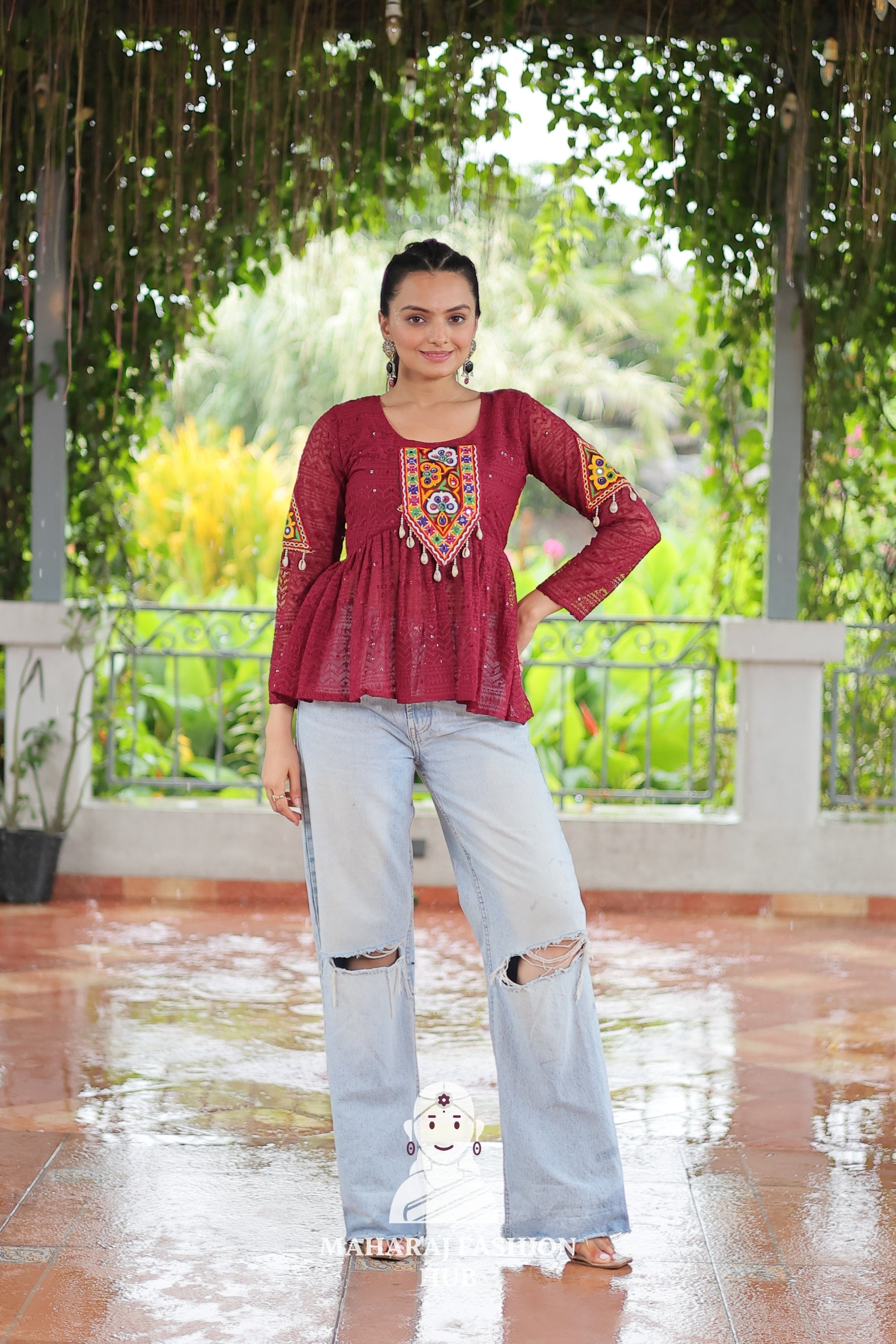 Festive Georgette Schiffli Kutchi Work Peplum Top for Navratri ✨👗