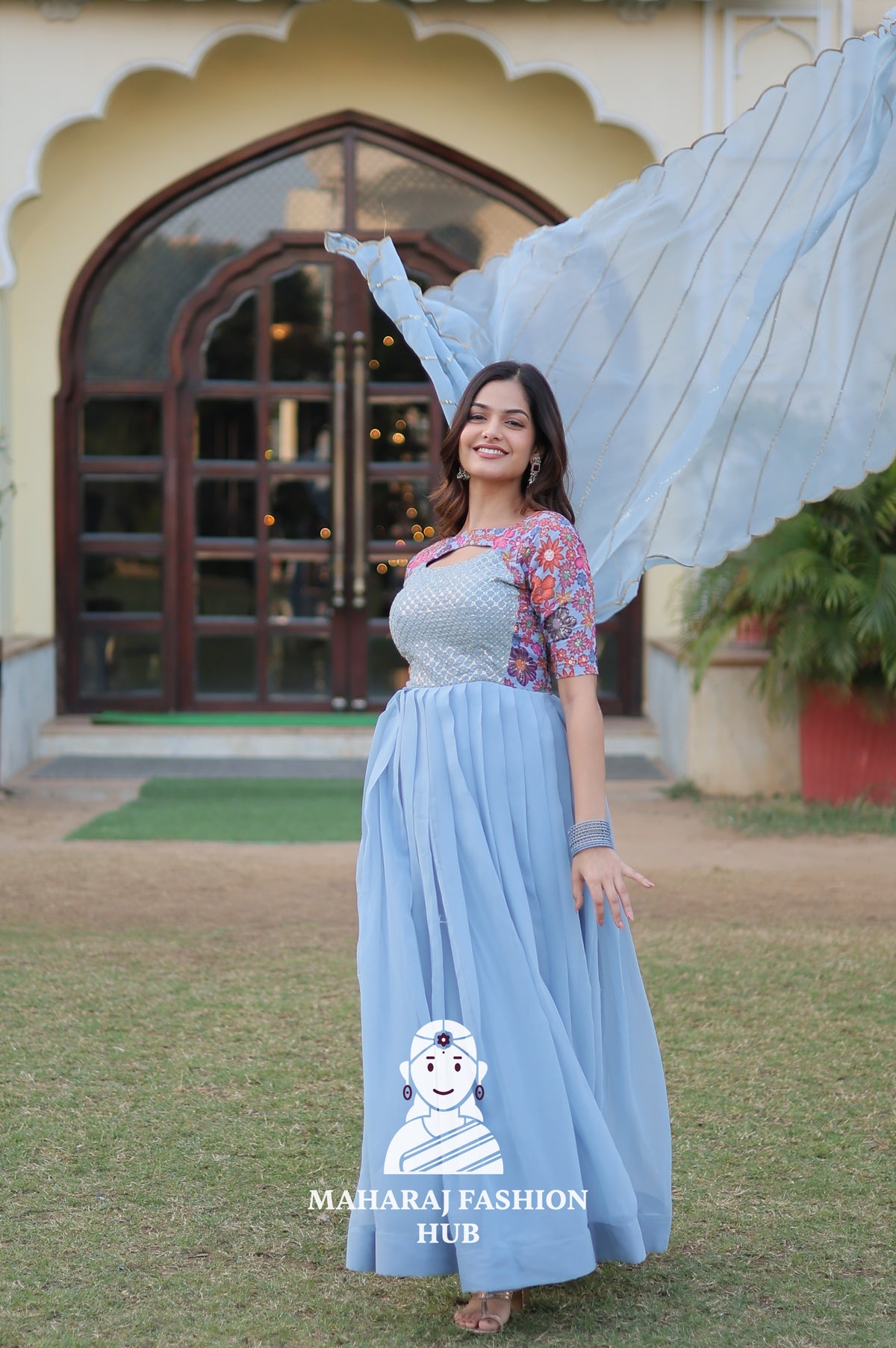 Floral Printed Faux Georgette Gown with Cut-Work Dupatta