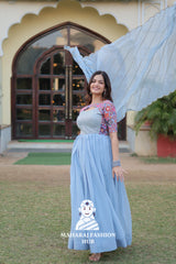 Floral Printed Faux Georgette Gown with Cut-Work Dupatta