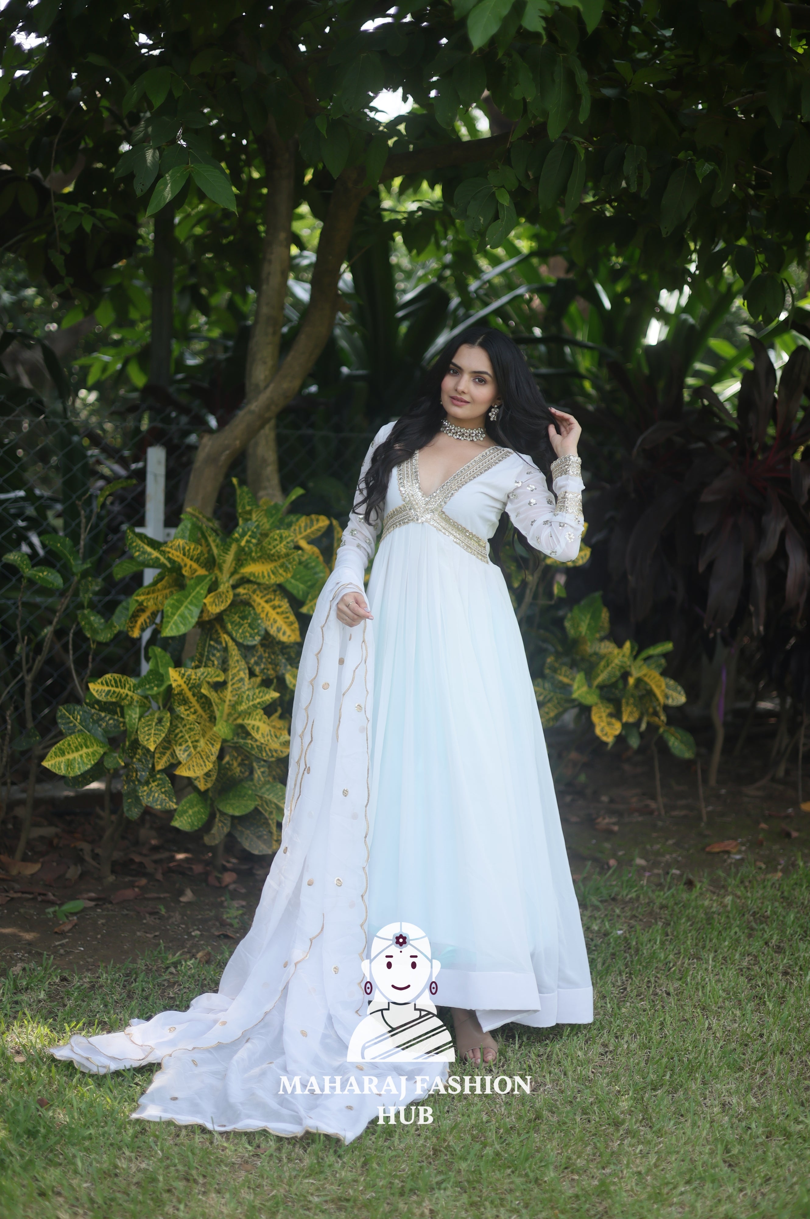 Zari-Sequined Faux Blooming Gown – With Fancy V Neck & Cut-Work Dupatta ✨