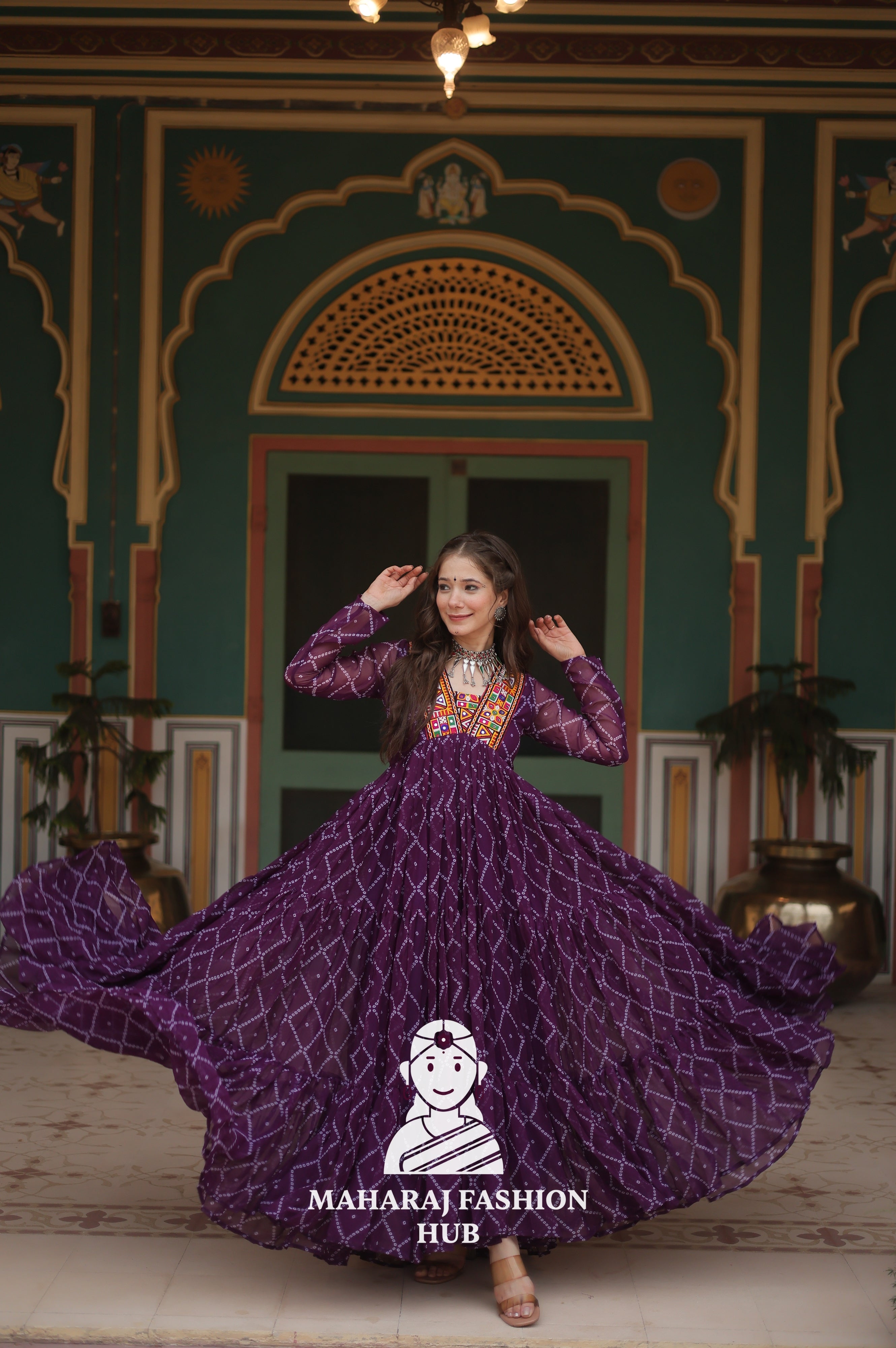 Faux Georgette Gown with Kutchi Patch and Bandhani Artistry