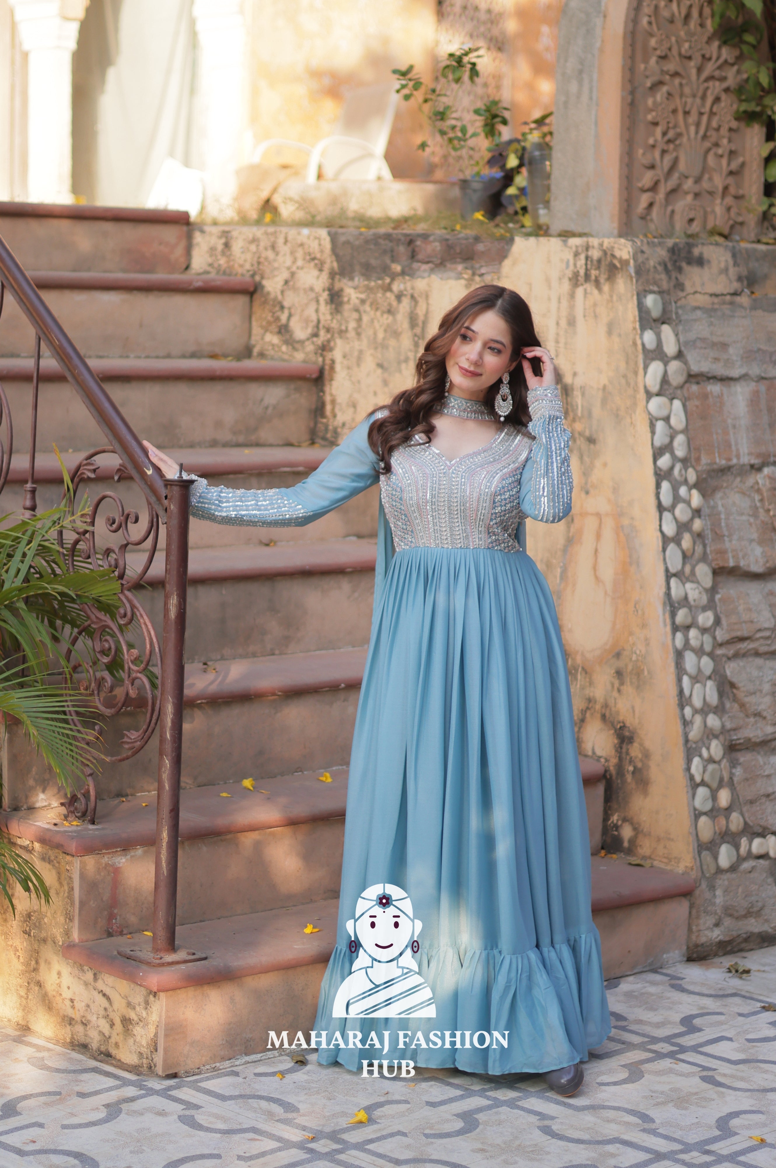 💫 Designer Gown in Star Georgette with Pan Neck & Full Embroidery - Special Designer Gown