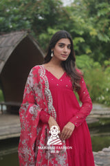 🪷 Floral Printed Organza Dupatta with Frill Gown & Micro Cotton Bottom