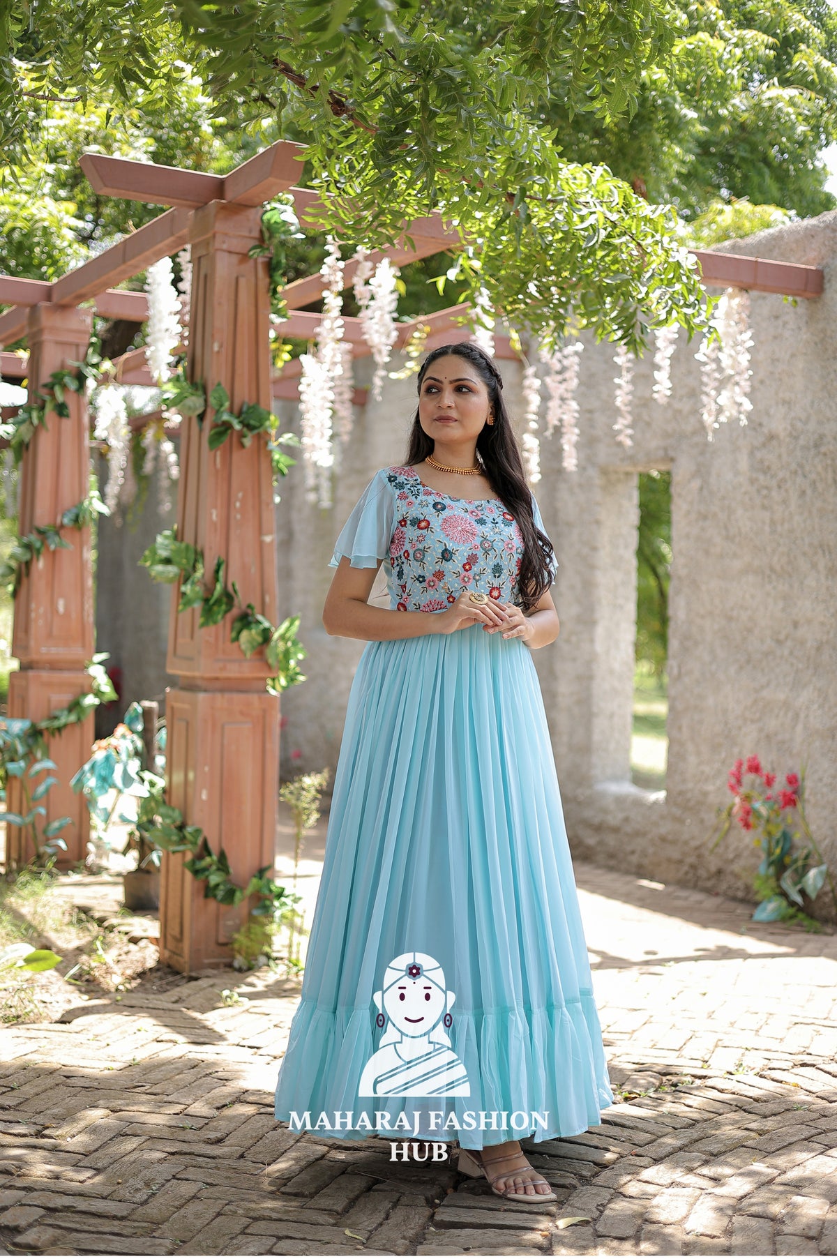 ✨ Cotton Lined Frill Stitch Gown in Faux Georgette | Wedding & Party Essential