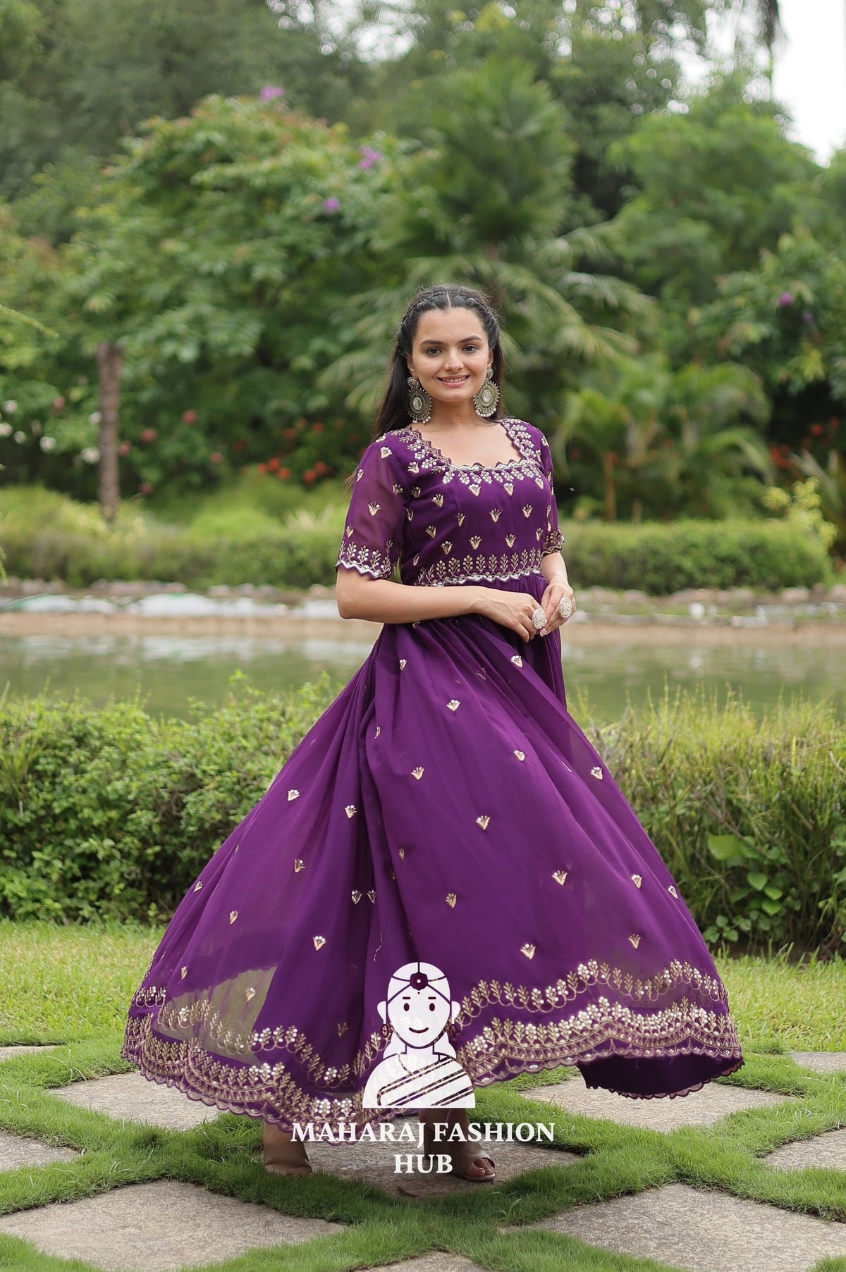 Designer Faux Blooming Fabric Gown with Modern Square Neck