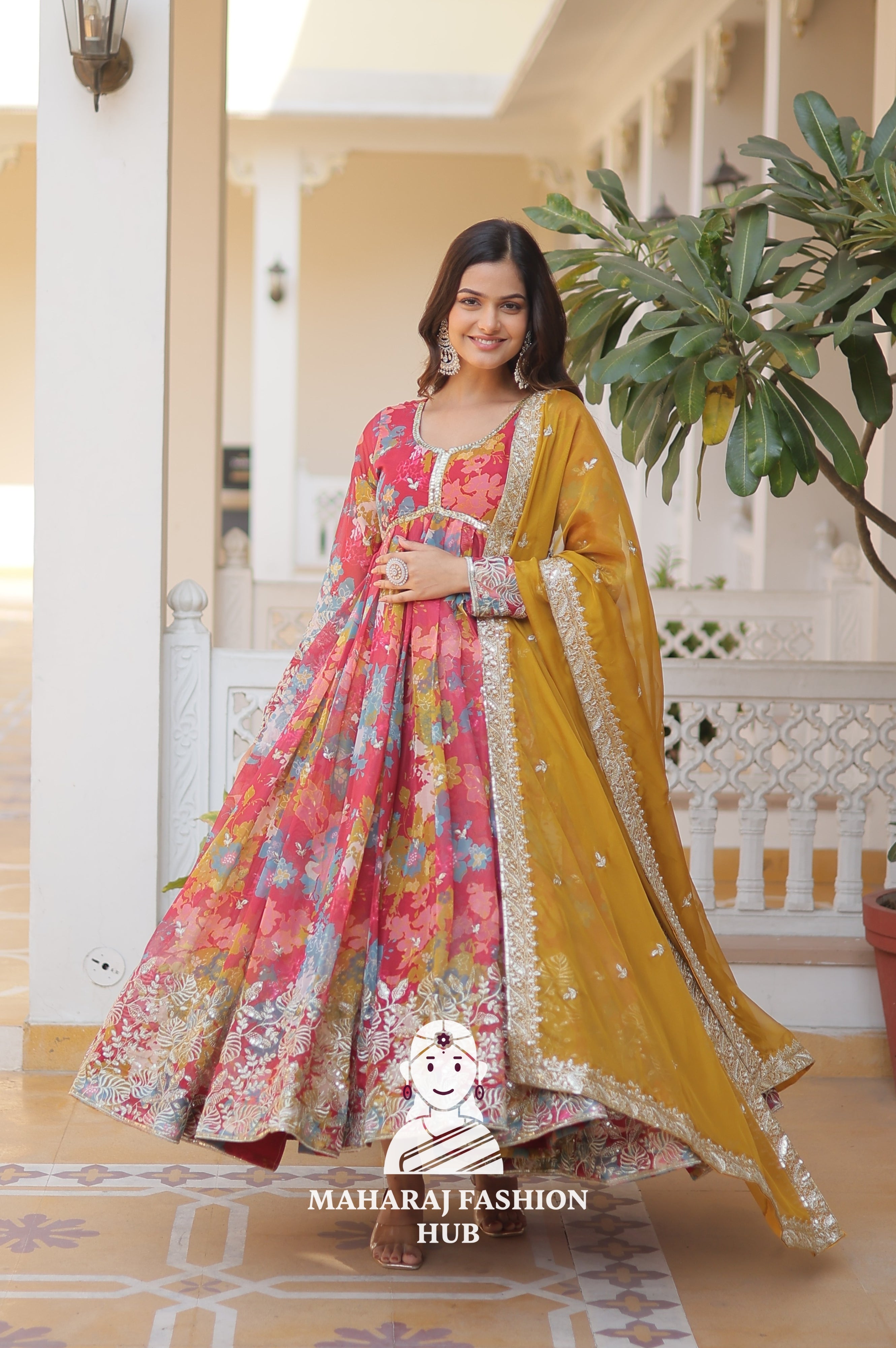 Designer V Neck Russian Silk Gown with Embroidered Dupatta
