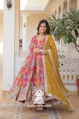 Designer V Neck Russian Silk Gown with Embroidered Dupatta