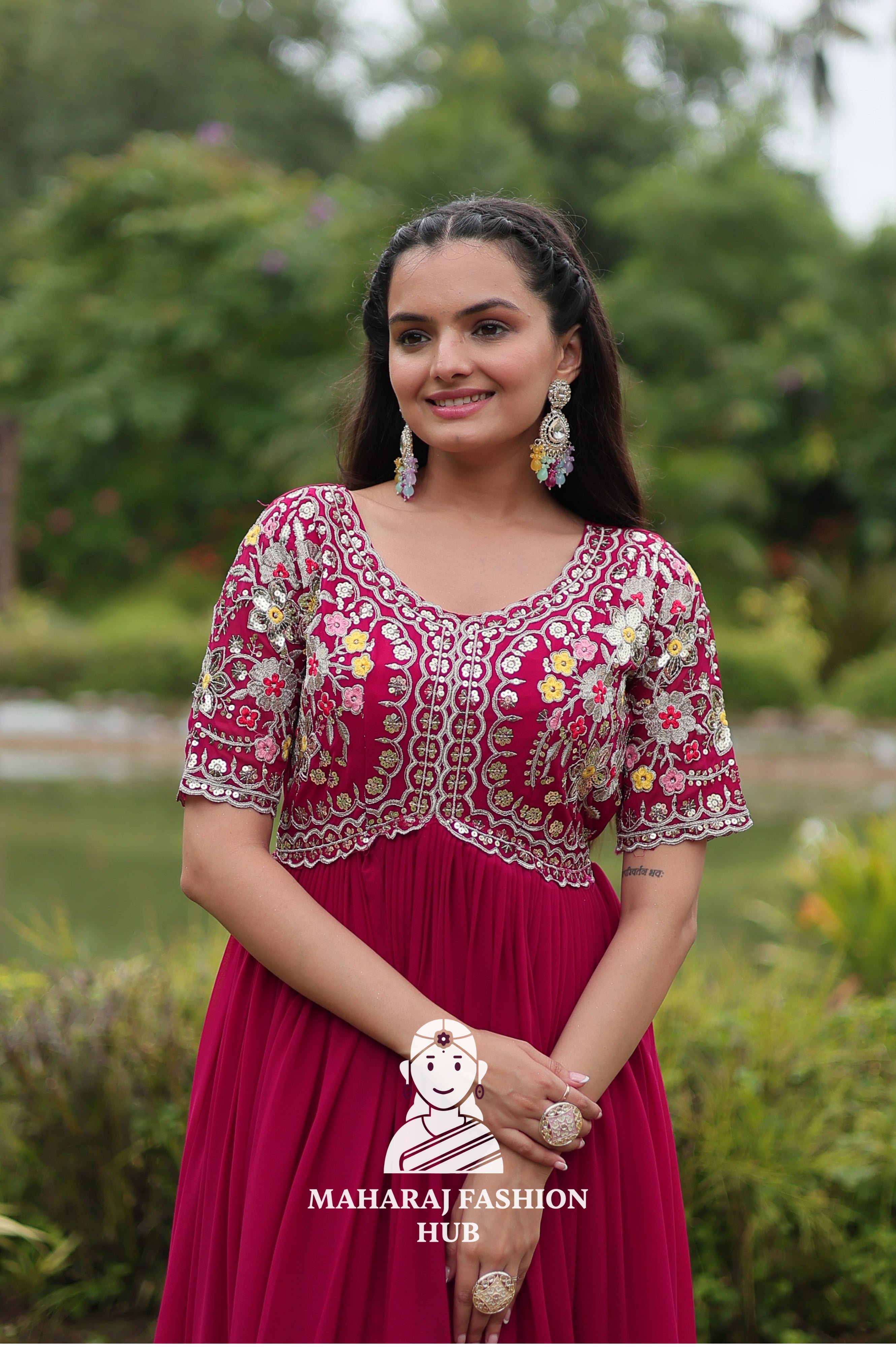 Half Sleeve Faux Blooming Fabric Gown with Luxe Finish