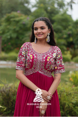 Half Sleeve Faux Blooming Fabric Gown with Luxe Finish