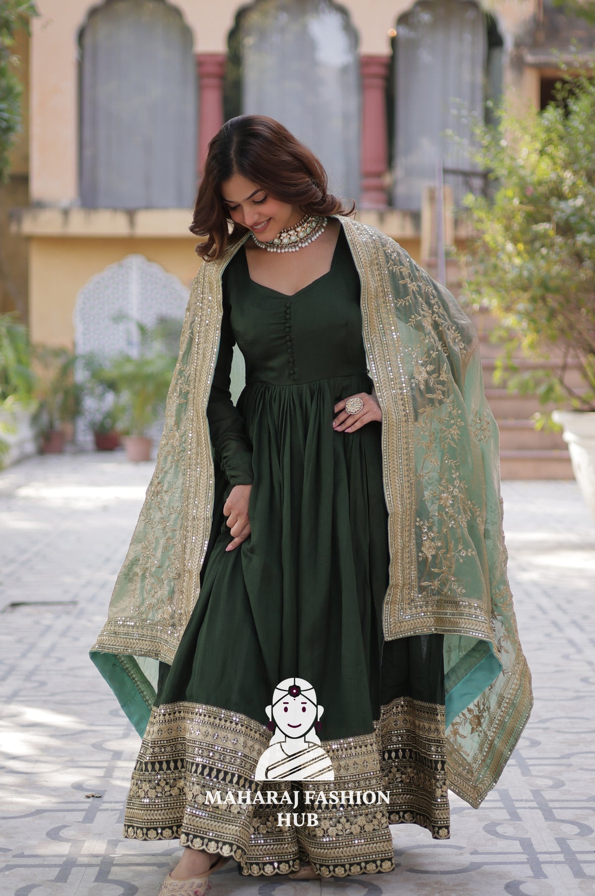 🌟 Elegant Sequin Embroidered Gown with Fendi Lace Dupatta - Special Designer Gown