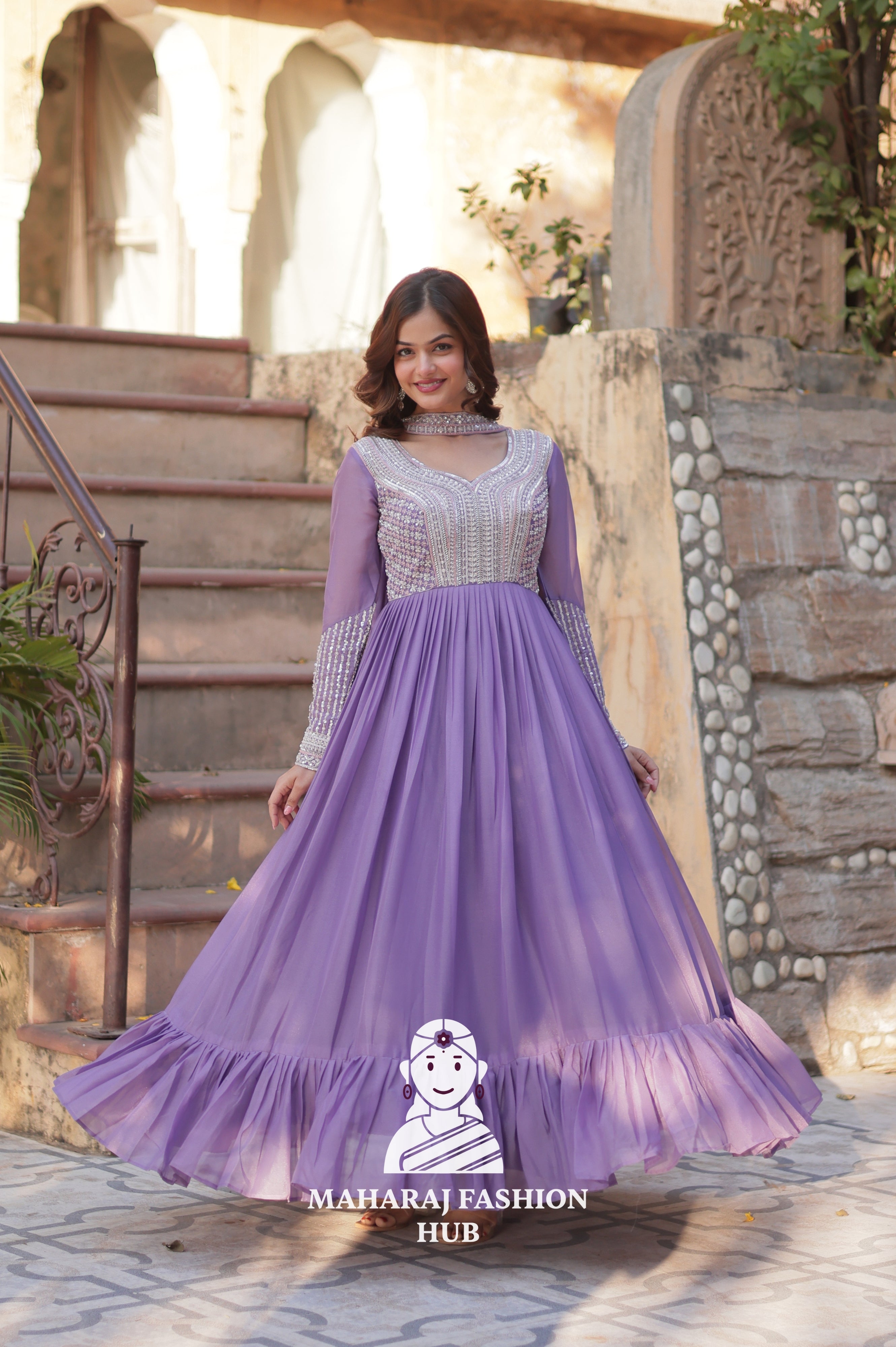 🧵 Star Georgette Gown with Heavy Work & 5 M Flair Grandeur - Special Designer Gown