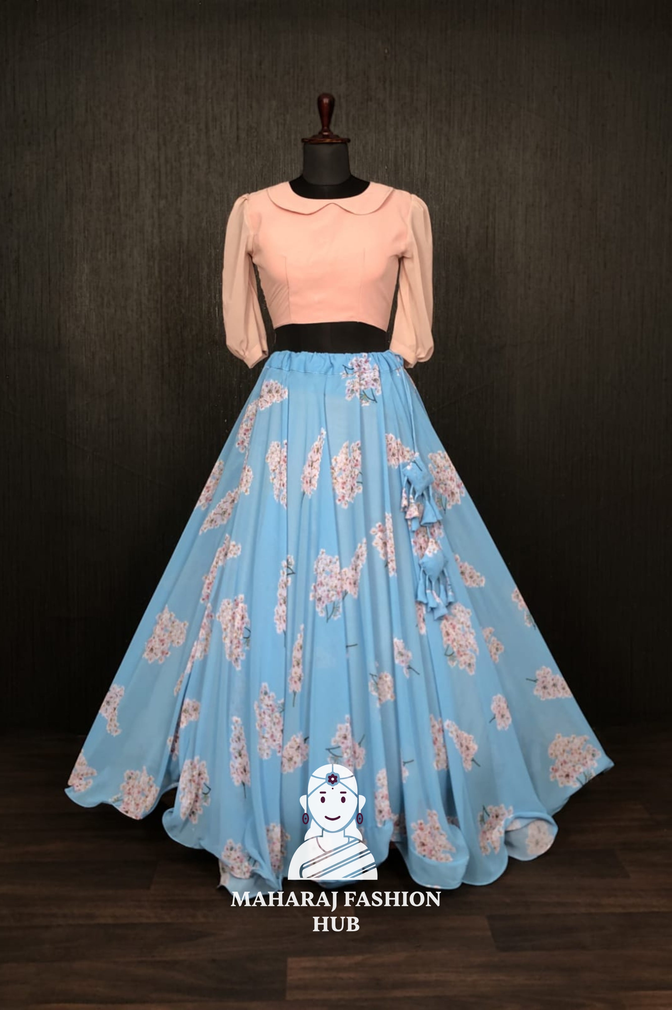 Blue-Pink Faux Georgette Crop Top Lehenga with Wire Picco Work & Readymade Blouse Piece – Perfect for Functions 💃🏻