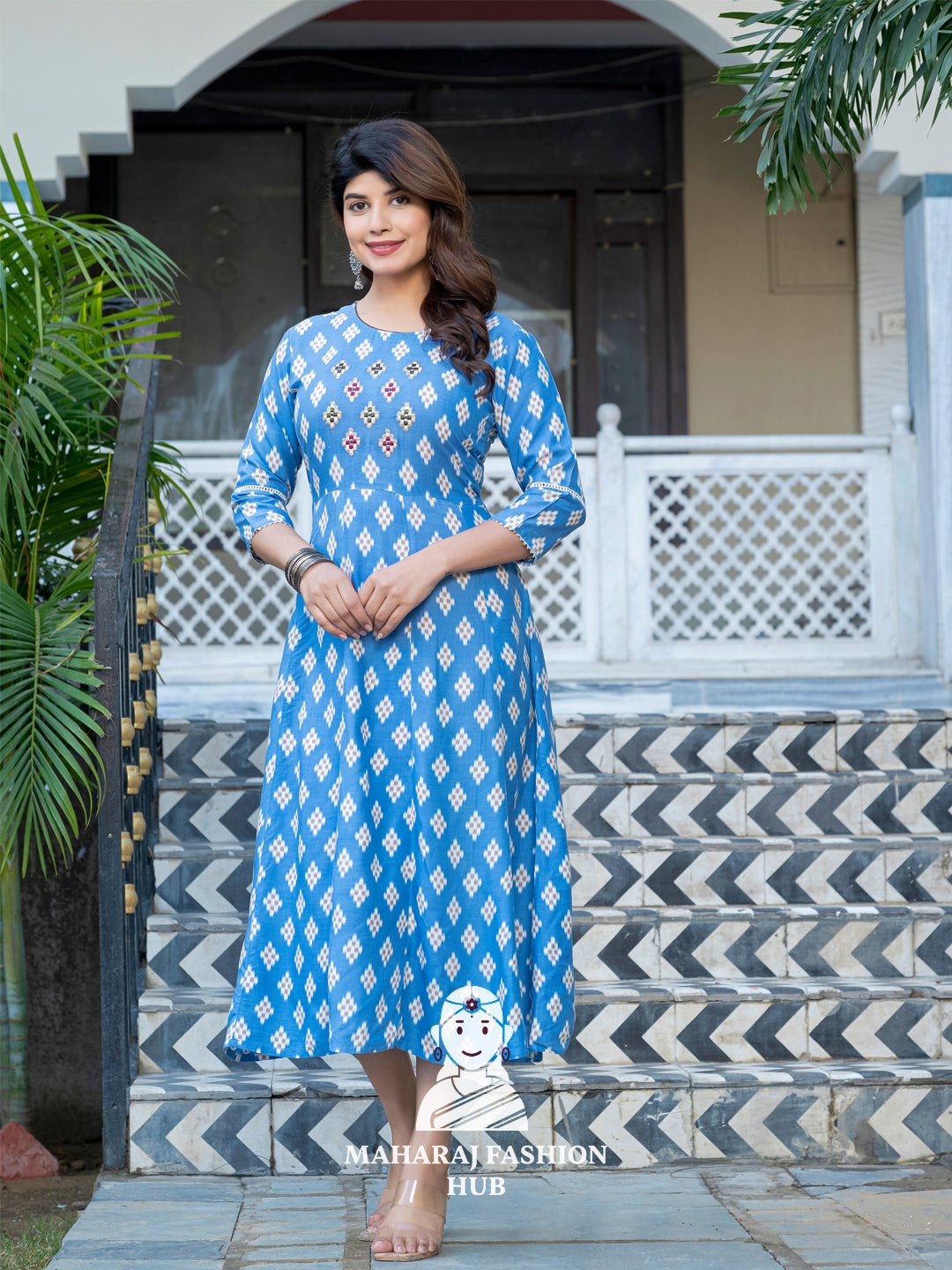 🌤️ Soft Rayon Sky Blue Kurta – Printed & Embroidered
