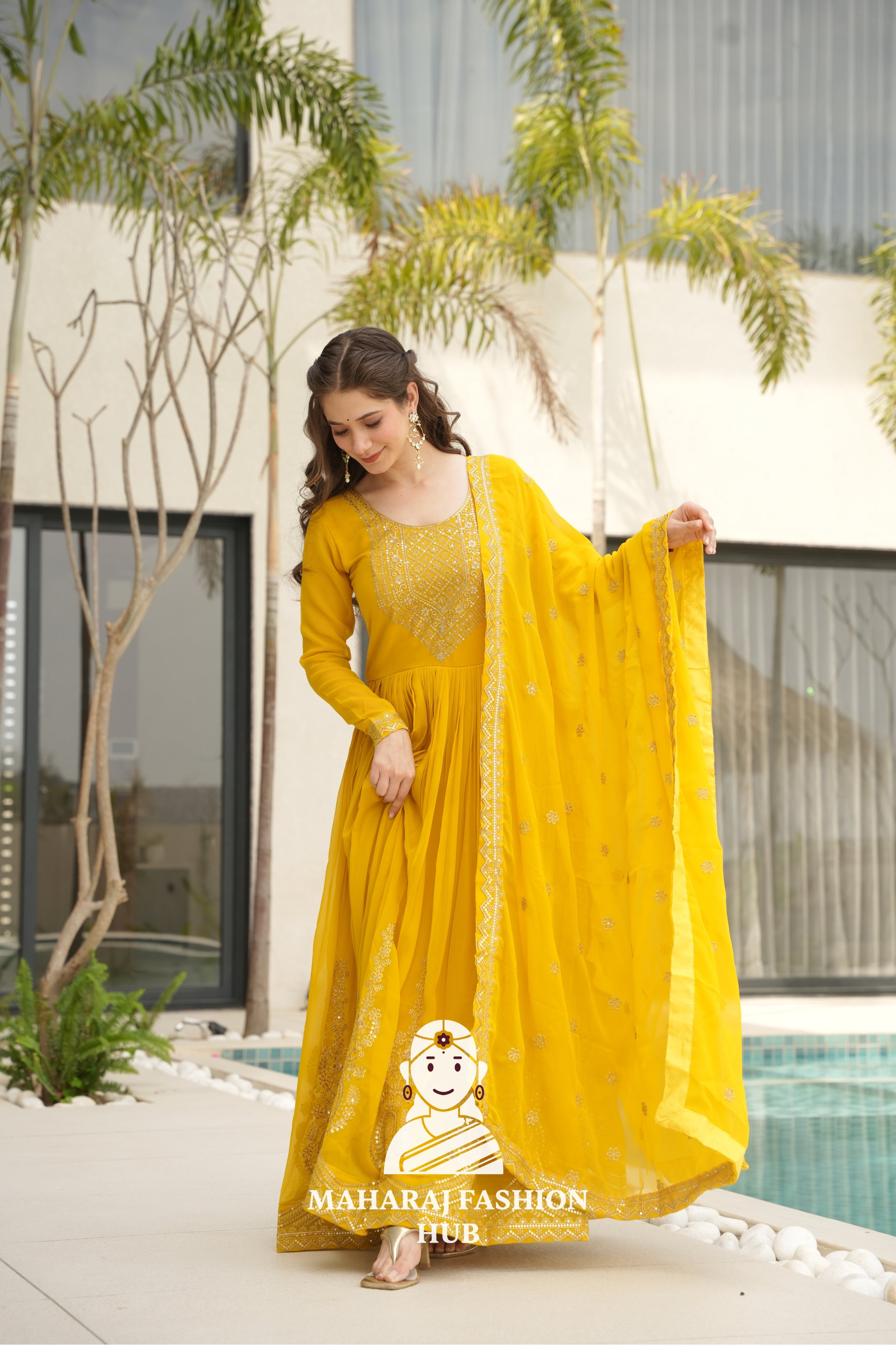 💫 Elegant Round Neck Gown in Faux Blooming Fabric - Special Designer Gown