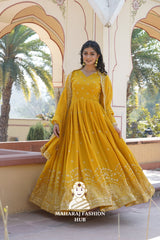 Fancy V Neck Embroidered Gown in Faux Georgette