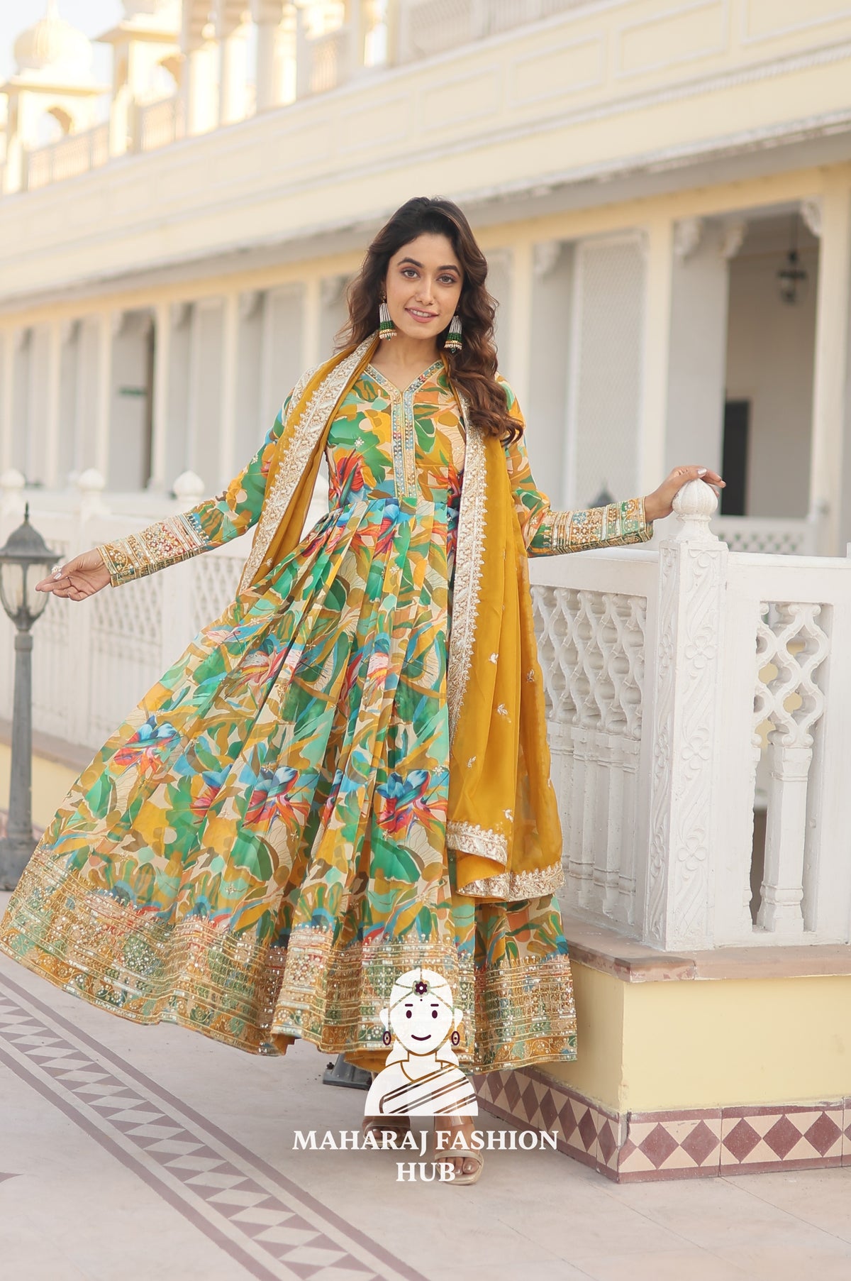 Embroidered Russian Silk Gown Set with Fancy V Neck - Special Designer Gown