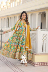 Embroidered Russian Silk Gown Set with Fancy V Neck - Special Designer Gown