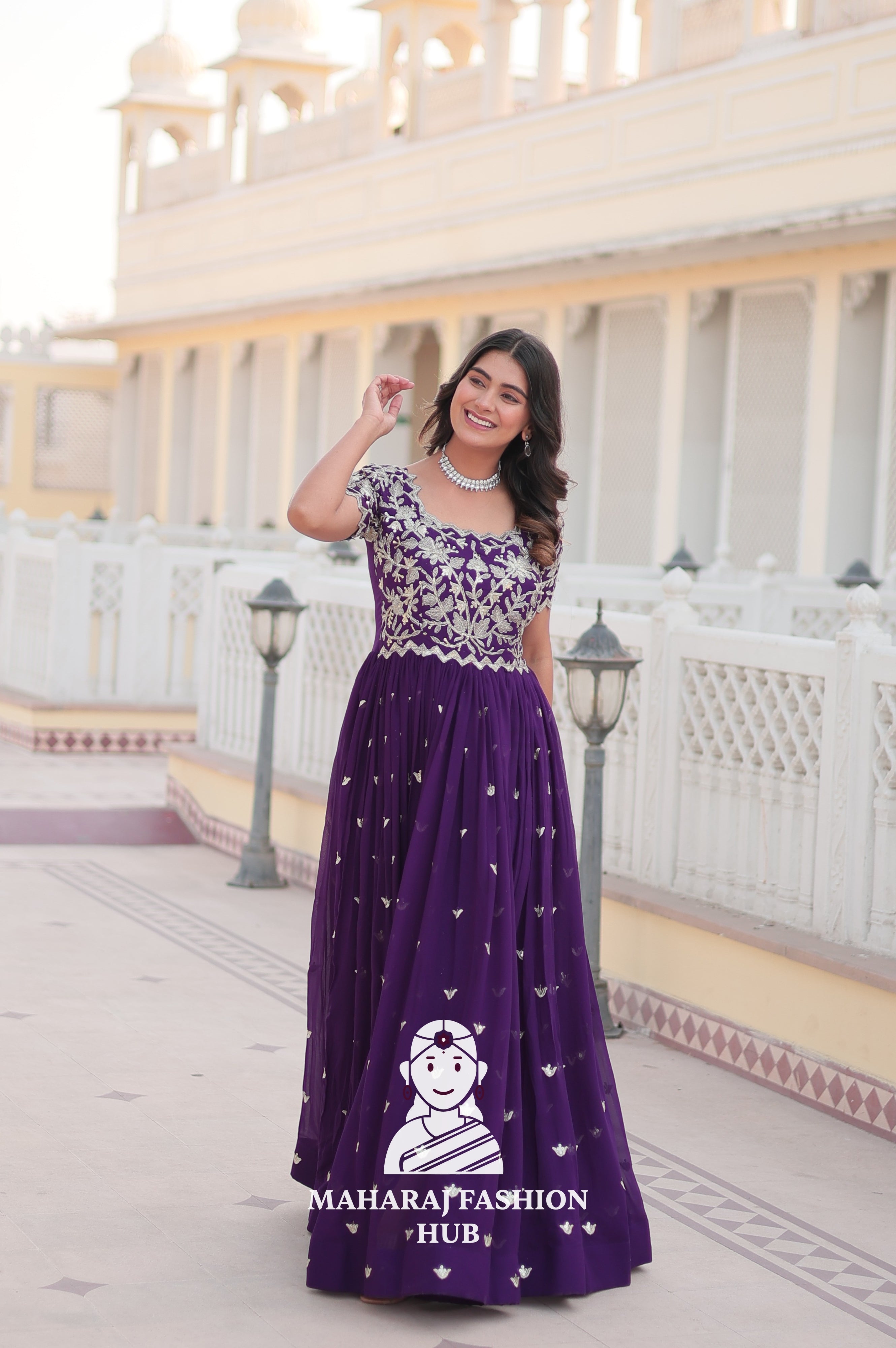 Faux Blooming Special Designer Gown with Cut-Work Sleeves & Canvas Stitching