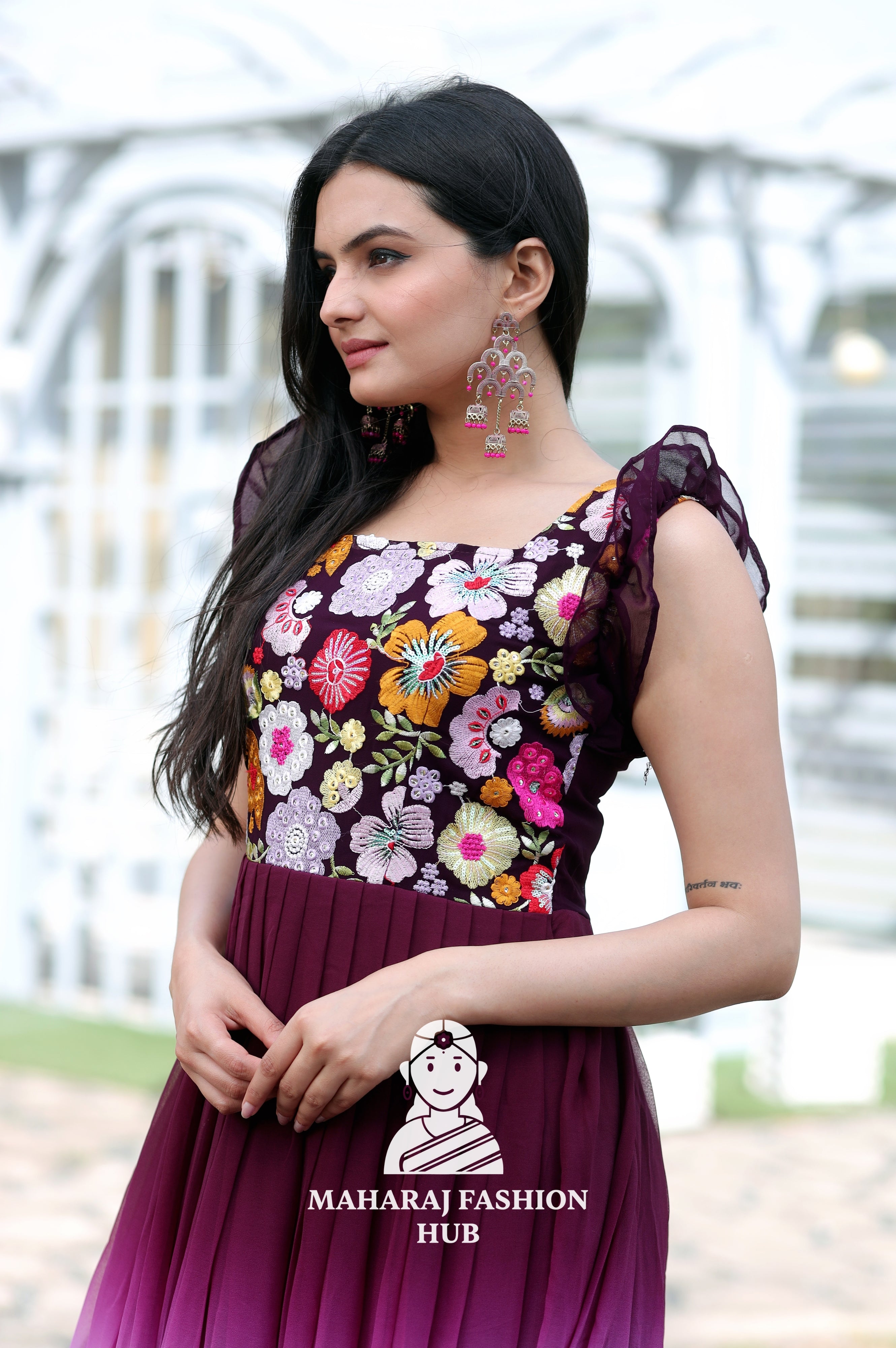 Sequins Embroidered Gown with Square Neckline