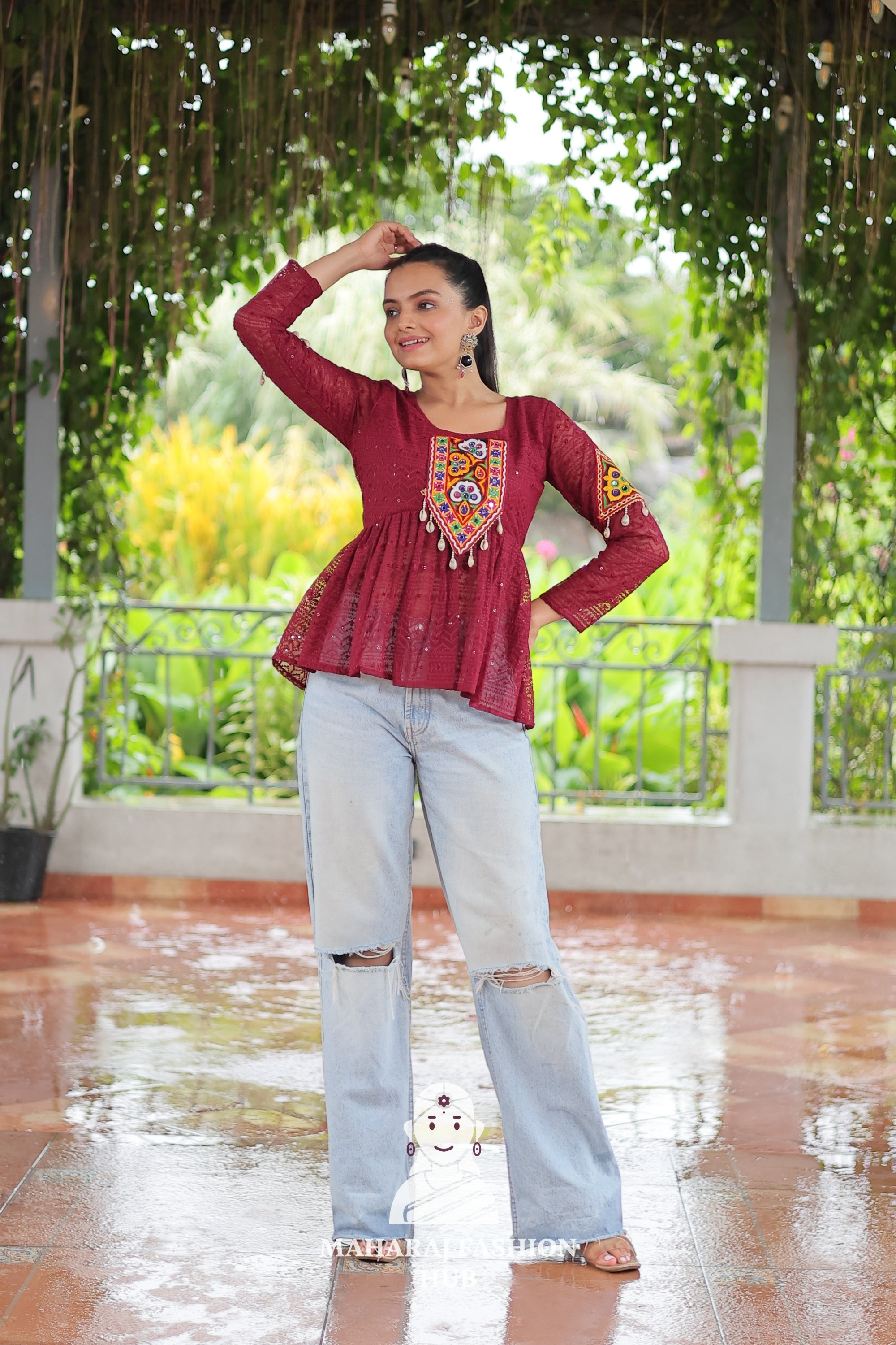 Festive Georgette Schiffli Kutchi Work Peplum Top for Navratri ✨👗