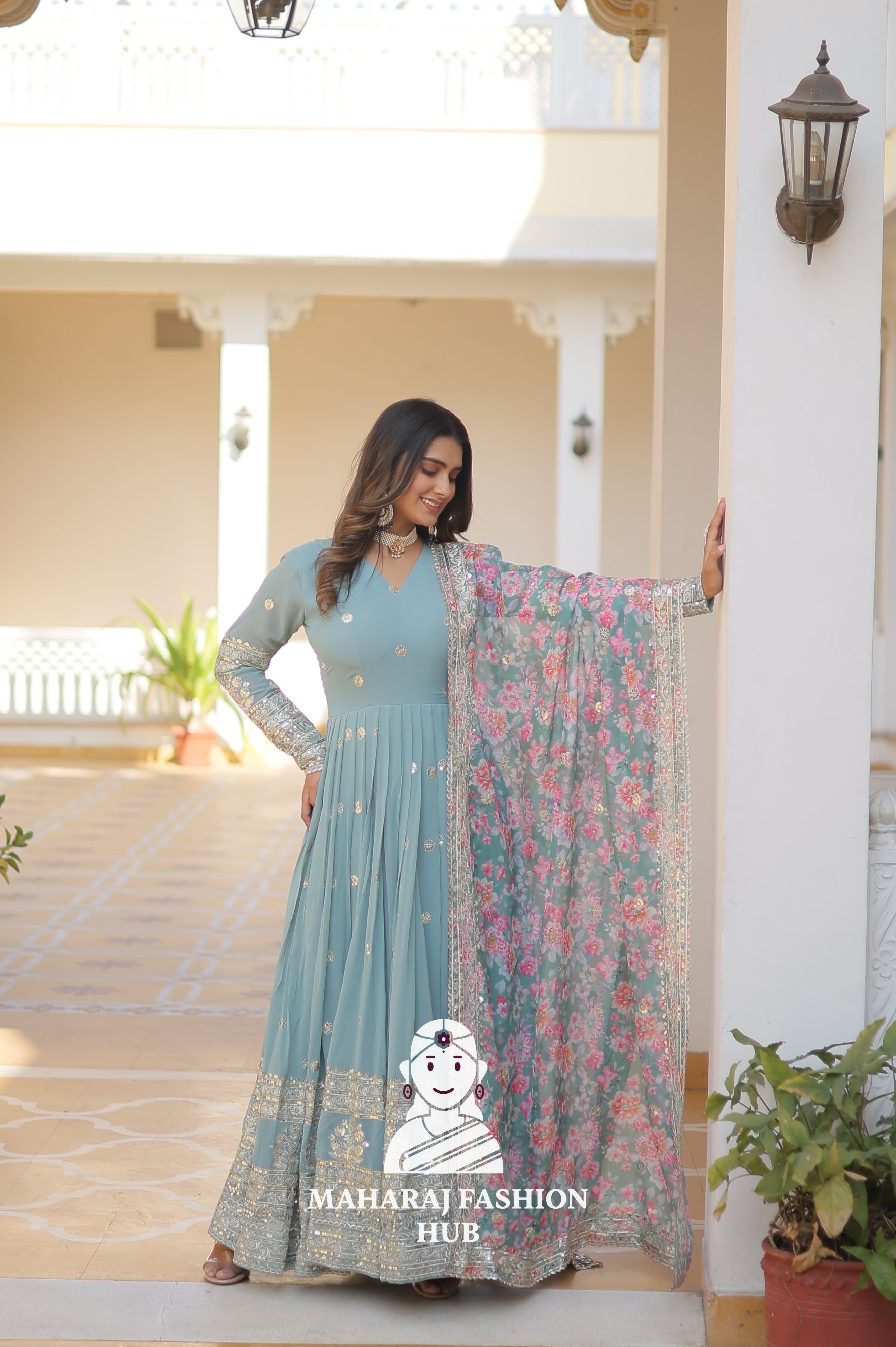 V Neck Faux Georgette Gown with Full Sleeves and Embroidered Silk Dupatta