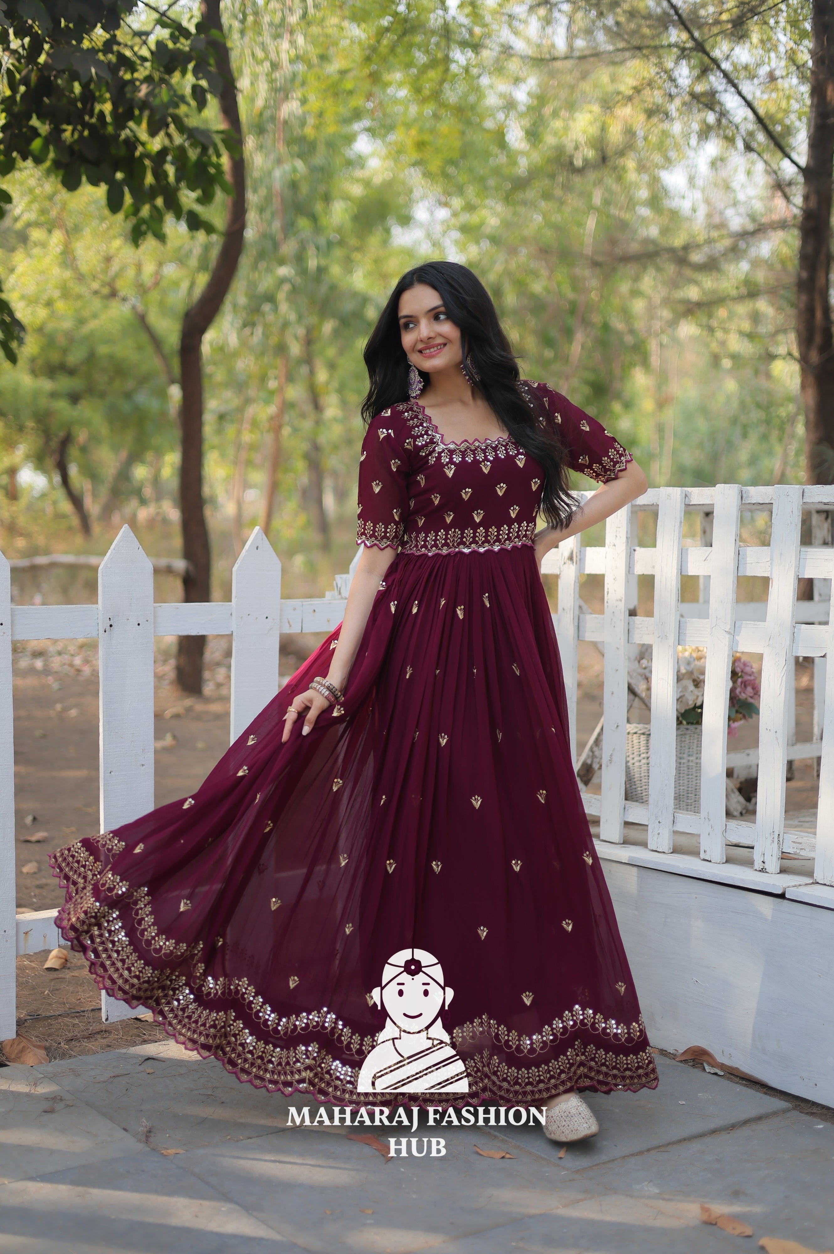 Elegant Faux Blooming Fabric Gown with Cut Work Sleeves