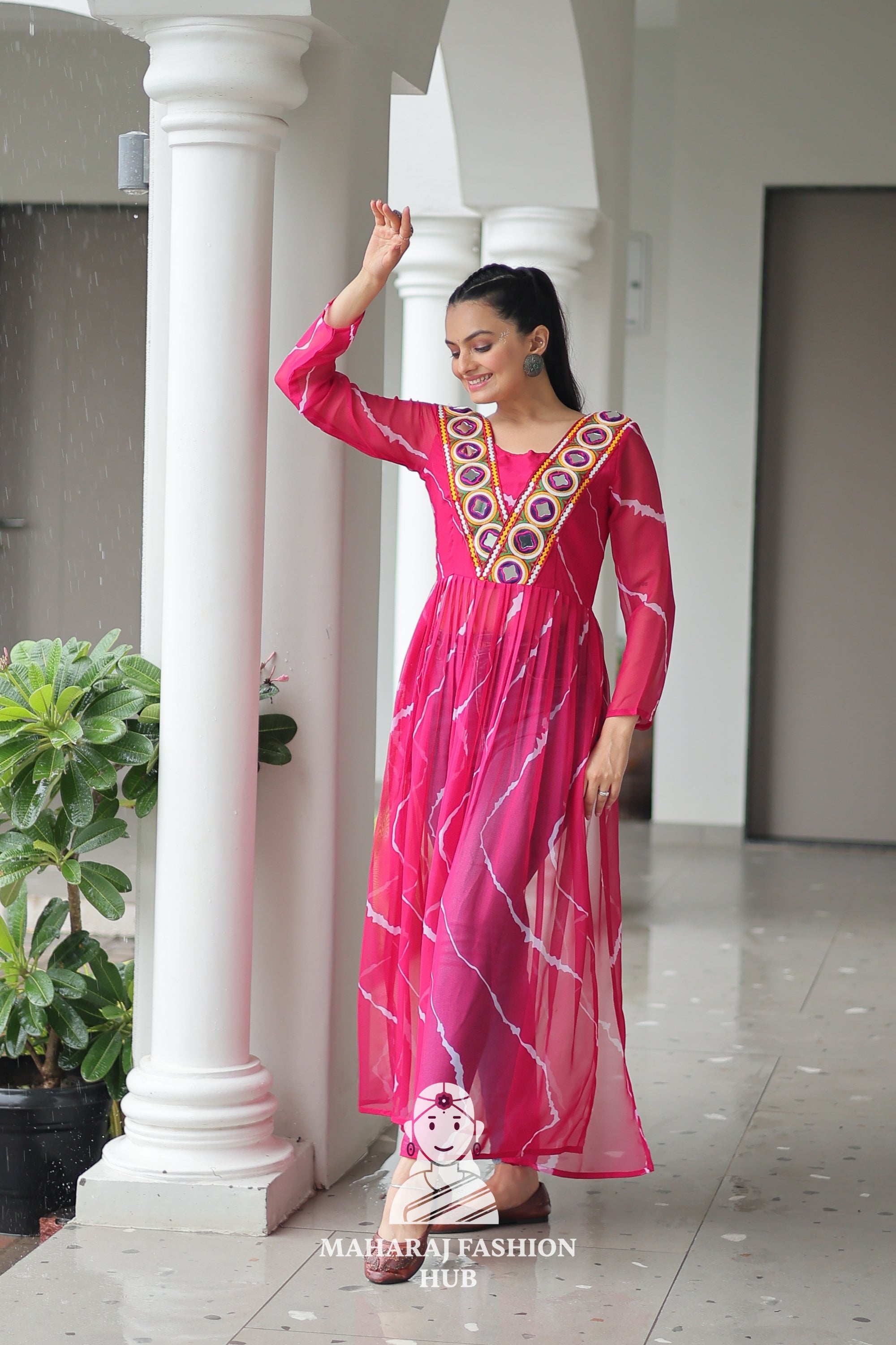 Navratri - Premium Faux Georgette Leheriya Kutchi Patchwork Navratri Kurti 🎶💃