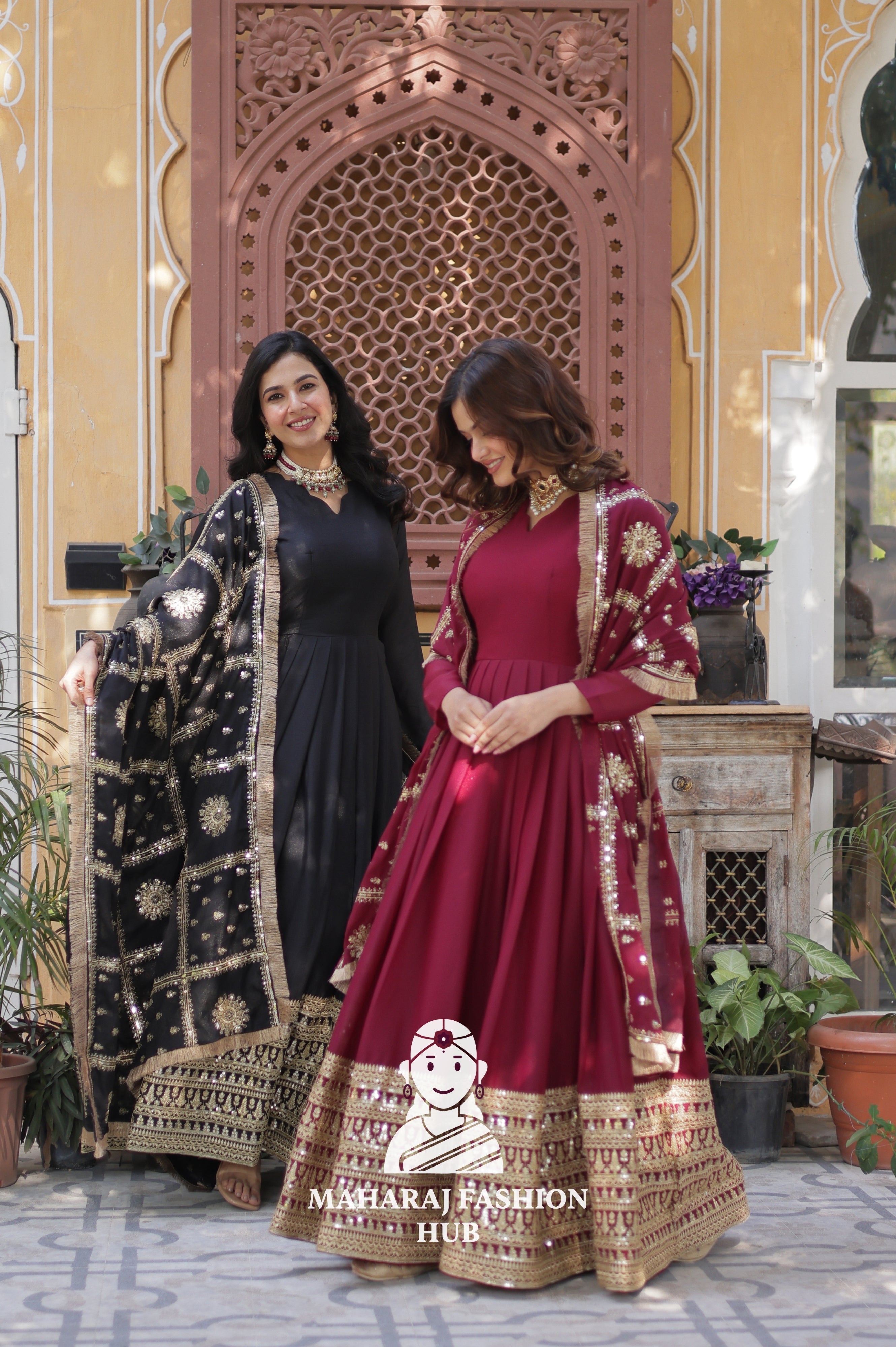 🪡 Zari Sequins Gown with Fancy Neck & Lace Border Dupatta - Special Designer Gown