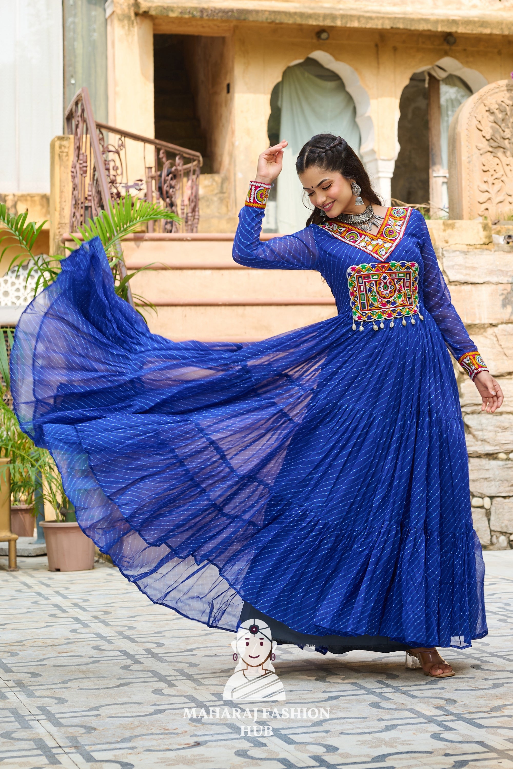 Navratri - Premium Faux Georgette Kutchi Patchwork Laheriya Navratri Gown Style 🎨🪔