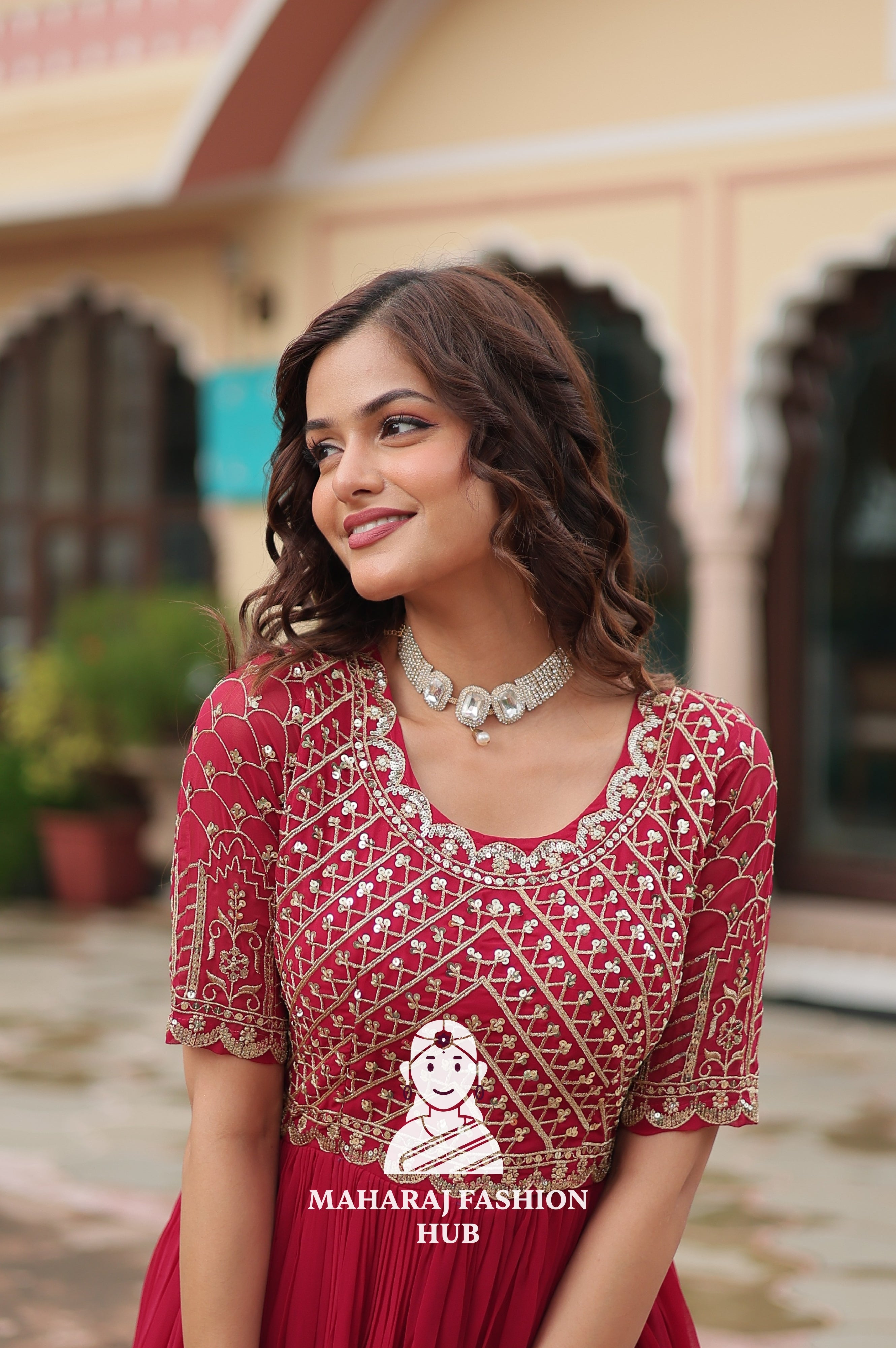 Beautiful Embroidered Faux Blooming Gown with Cotton Lining