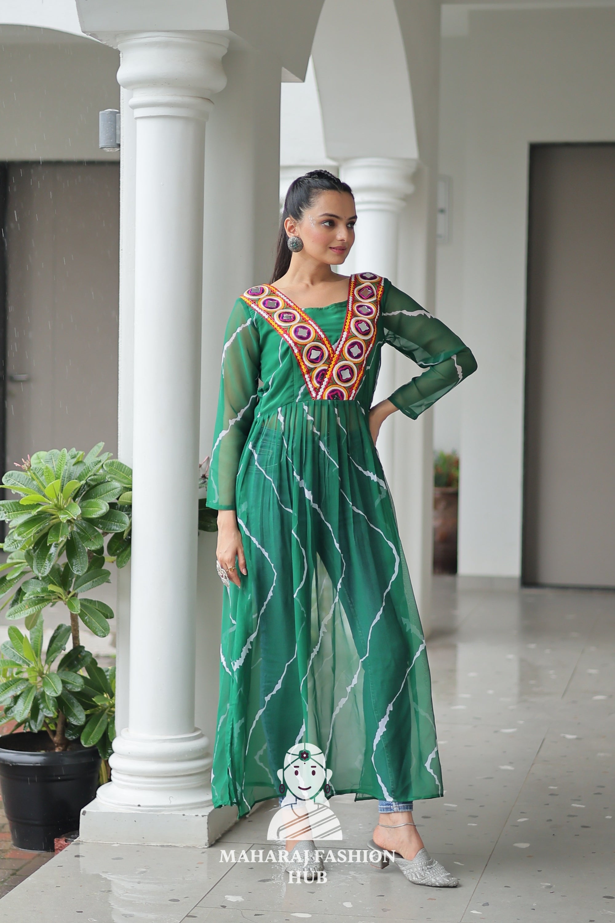 Traditional Faux Georgette Leheriya Patchwork Festive Navratri Kurti 💫🪔