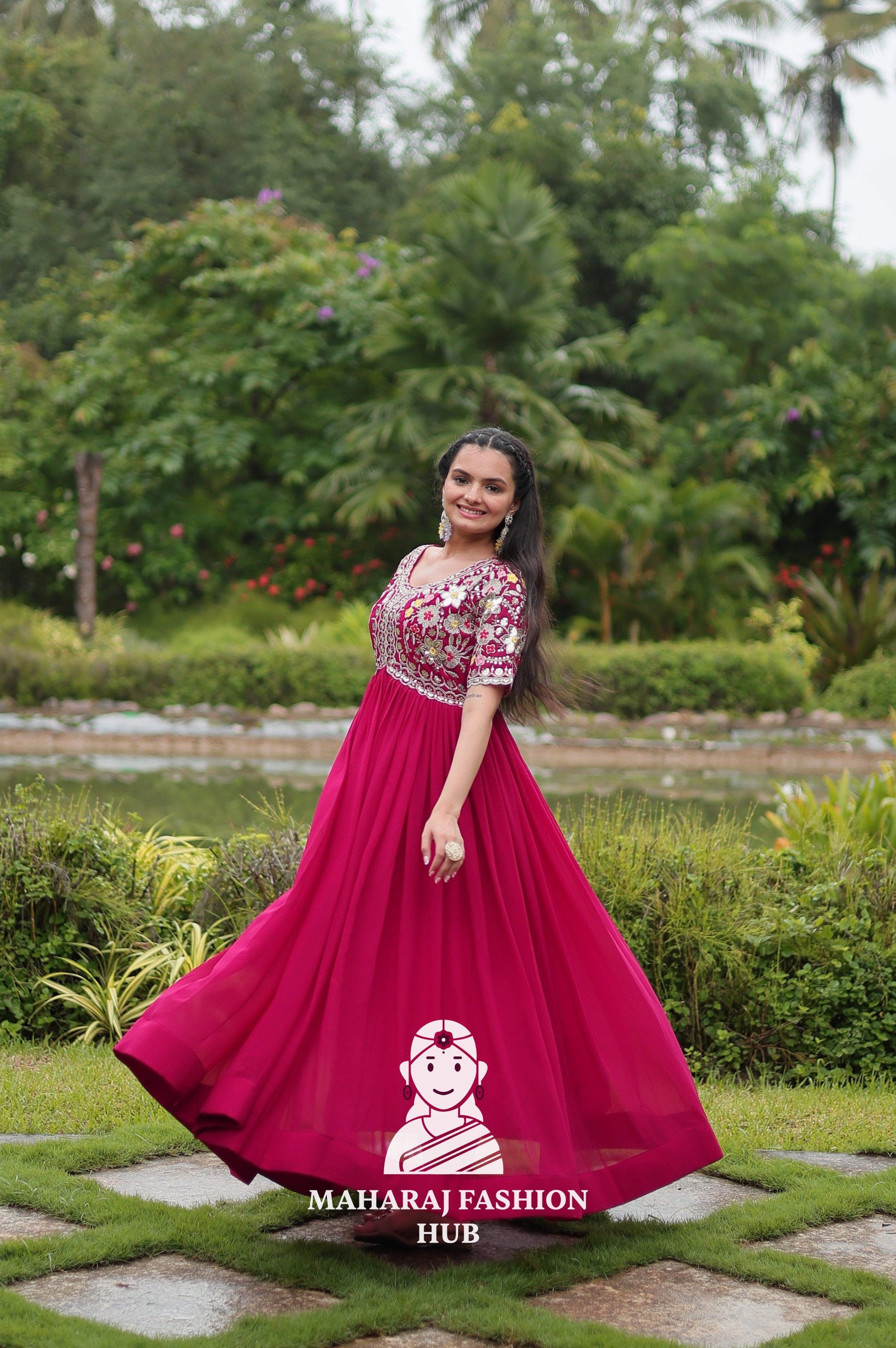 Half Sleeve Faux Blooming Fabric Gown with Luxe Finish
