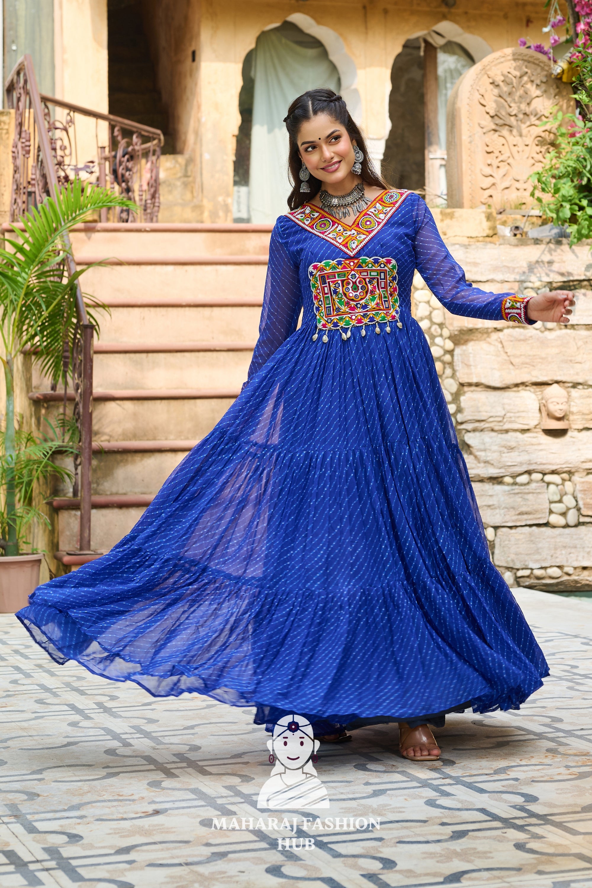 Navratri - Premium Faux Georgette Kutchi Patchwork Laheriya Navratri Gown Style 🎨🪔