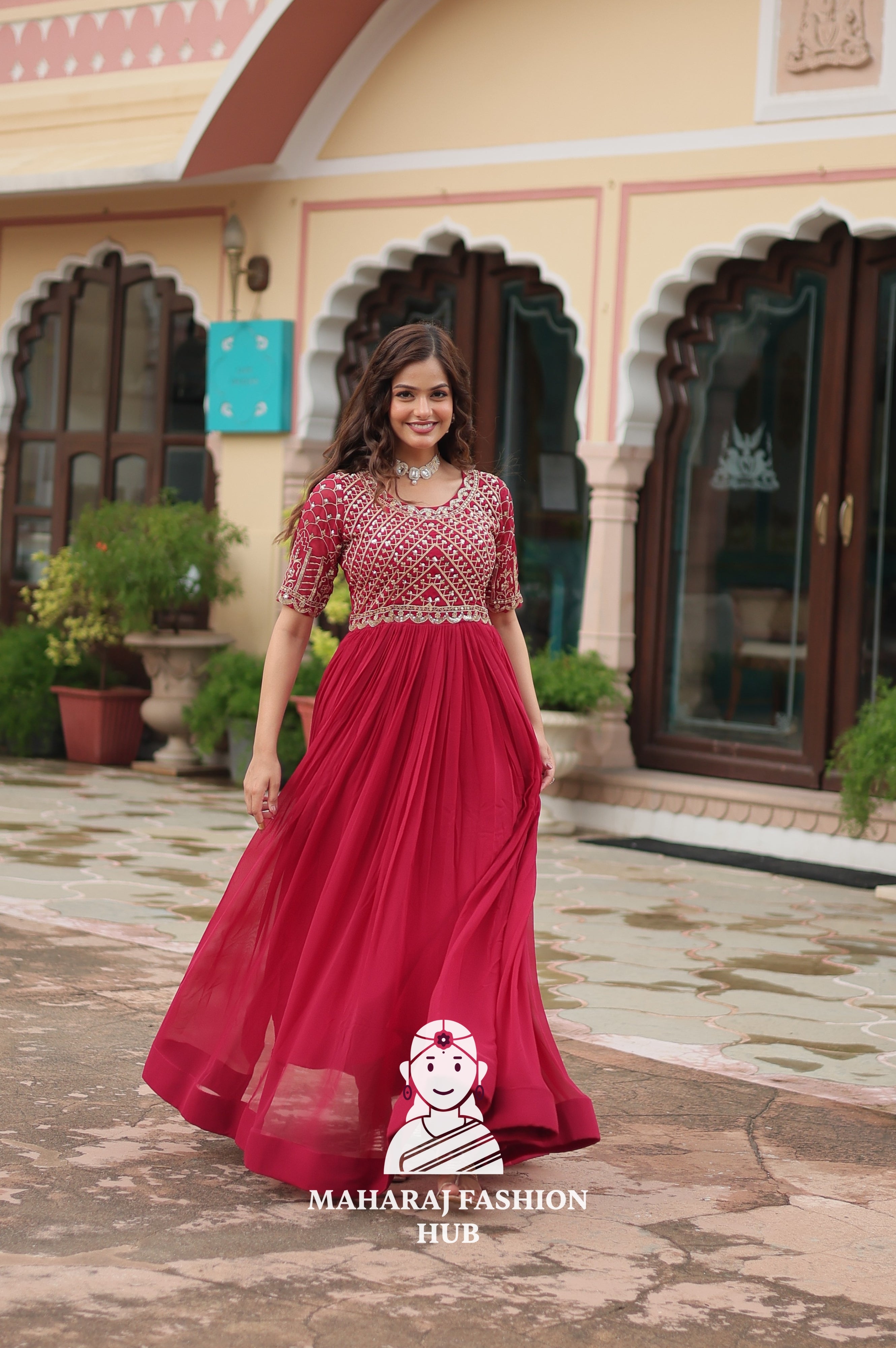 Beautiful Embroidered Faux Blooming Gown with Cotton Lining