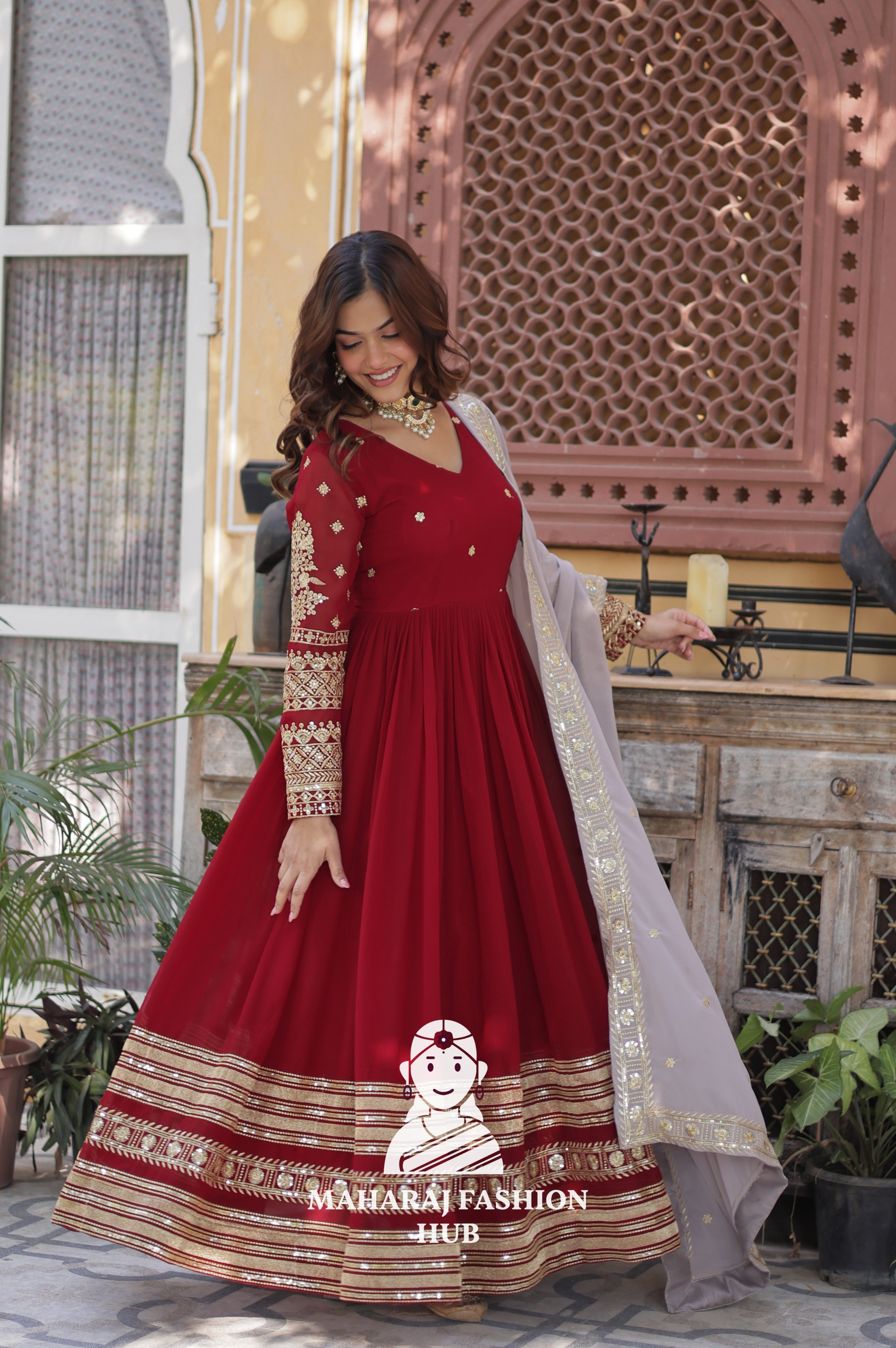 💃 Fancy V-Neck Gown with Sequins Detailing & Designer Lace - Special Designer Gown