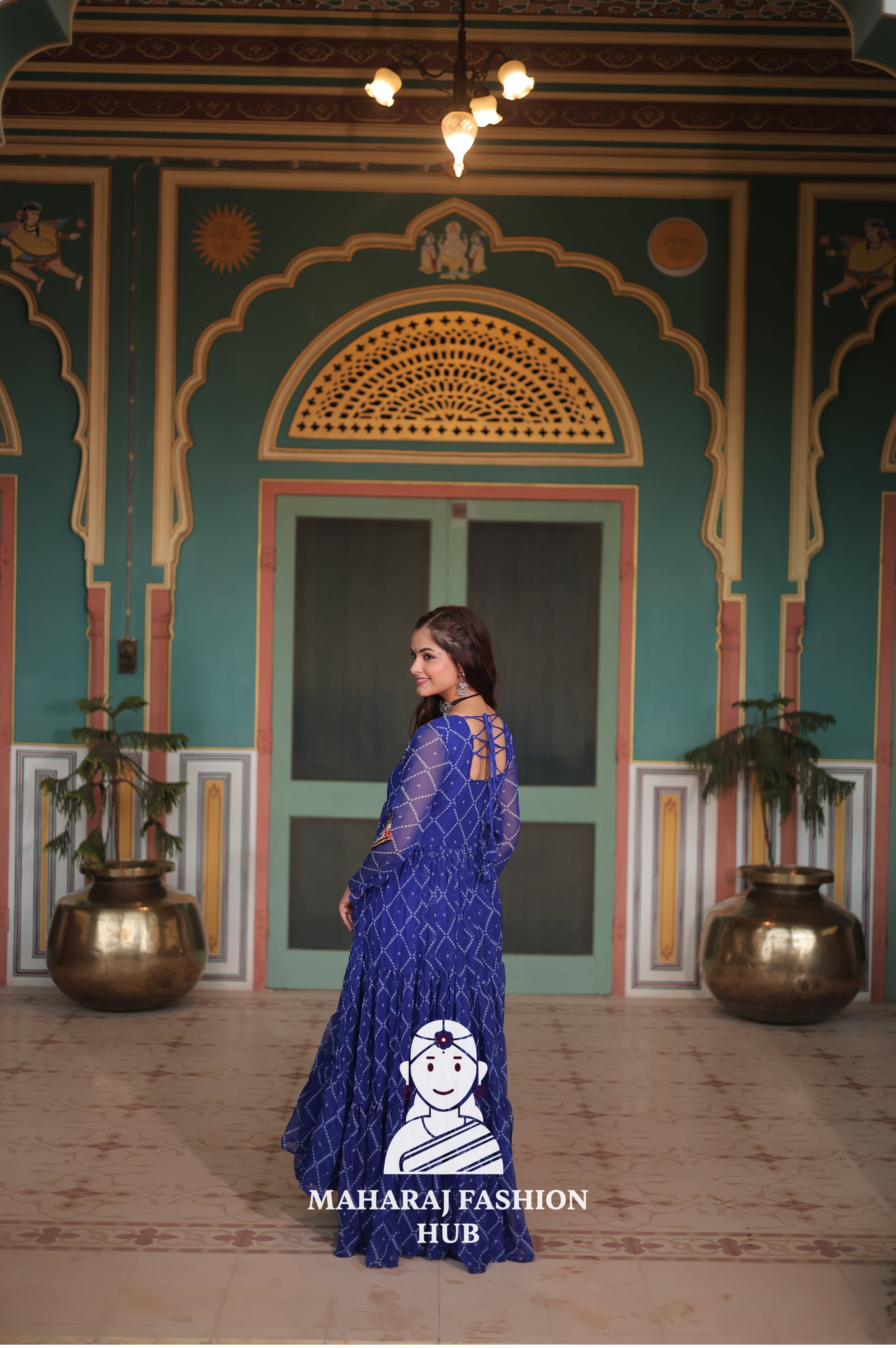 Bandhani Print Faux Georgette Gown with Kutchi Patchwork Detailing